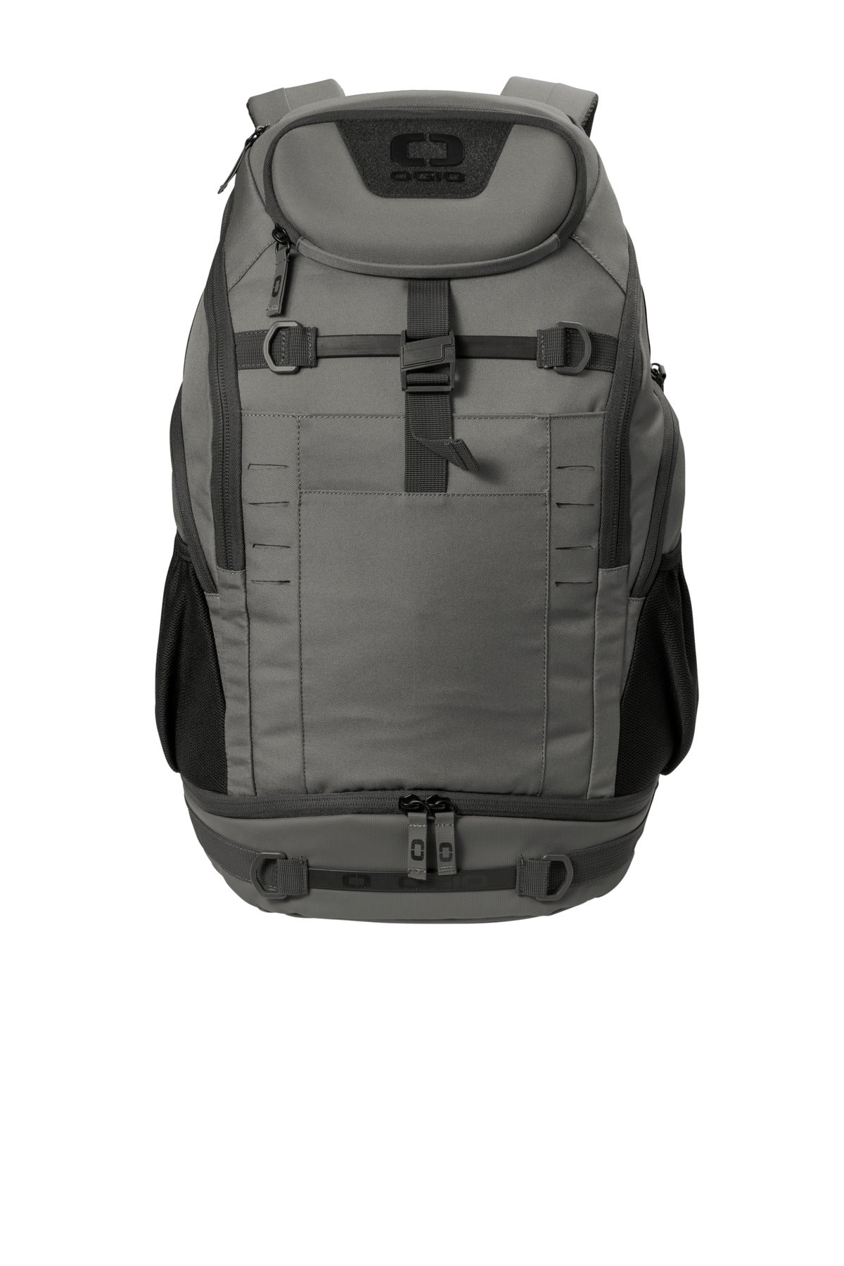 OGIO Utilitarian Pack 91010 in rogue grey, front view showing multiple compartments and durable design for everyday use.