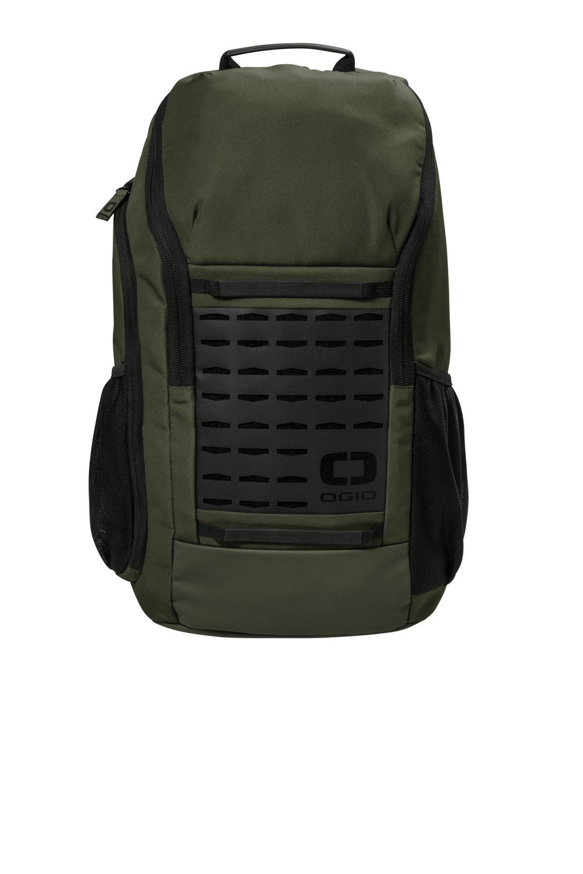 OGIO Surplus Pack 91011 in deep olive color, front view showing durable backpack with multiple compartments and padded straps.