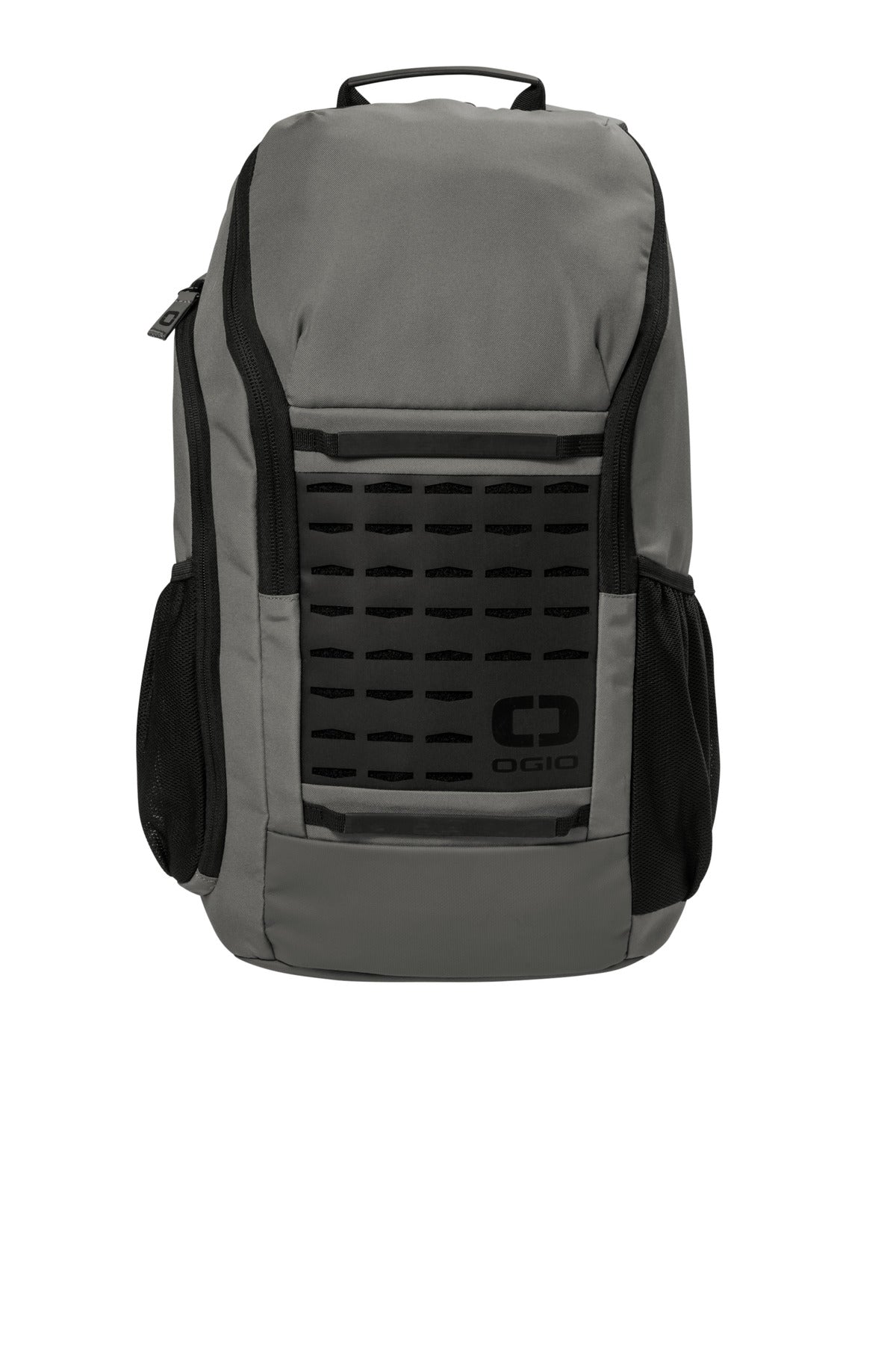 OGIO Surplus Pack 91011 in rogue grey showing front view with multiple compartments and padded shoulder straps.