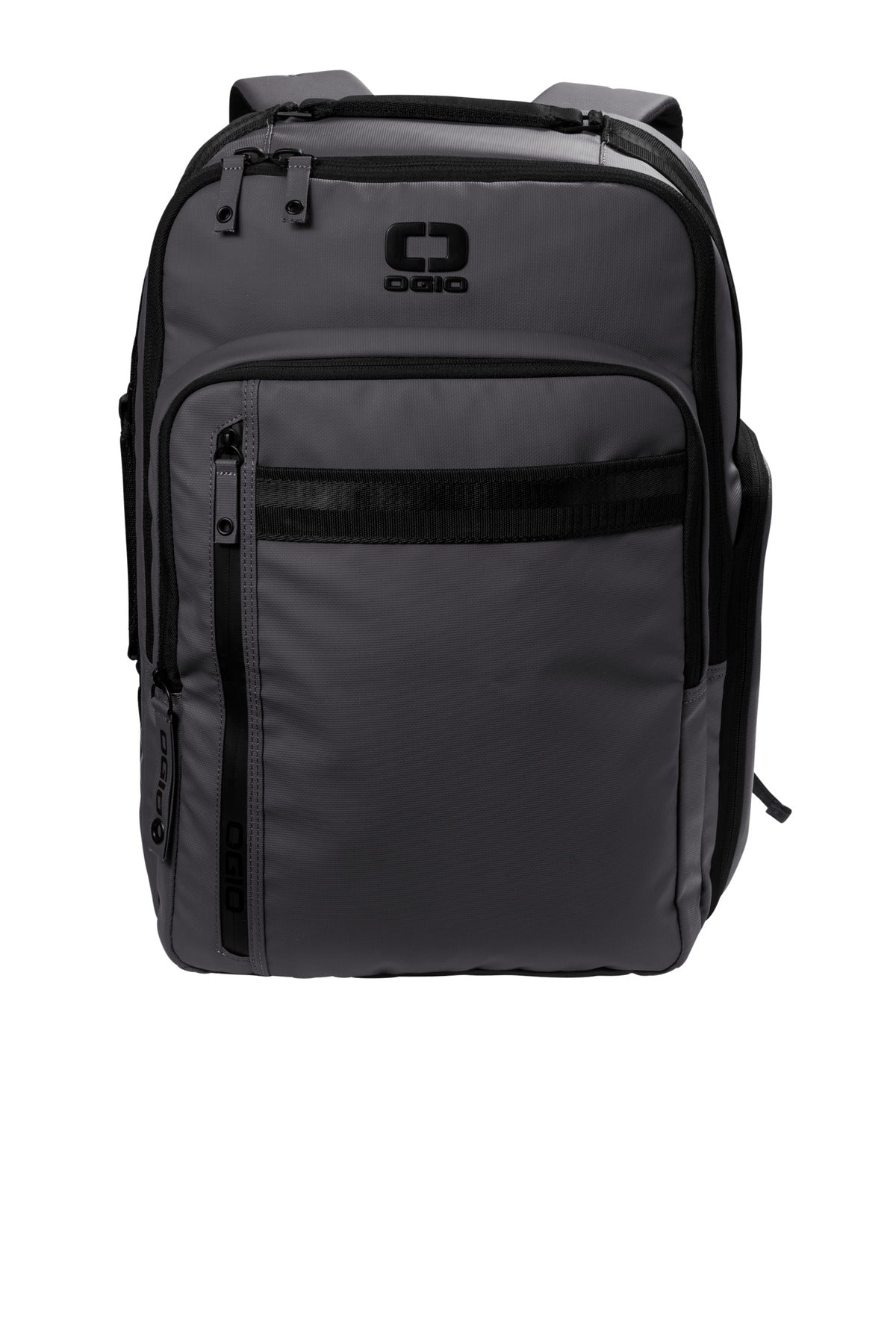 OGIO Commuter XL Pack in Tarmac Grey, front view showing large main compartment, padded shoulder straps, and sleek design.