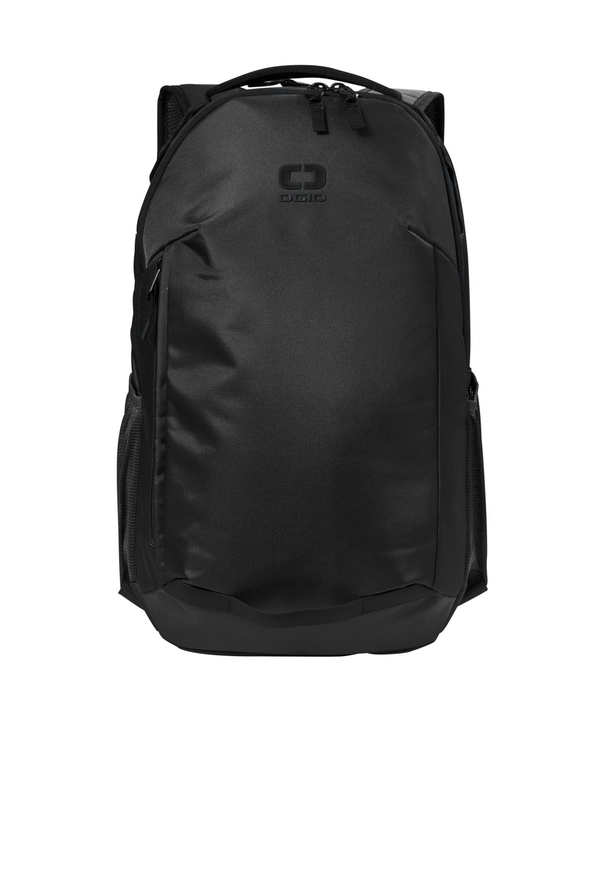 OGIO Transfer Pack 91013 in black with flat front, featuring multiple compartments and a padded shoulder strap for comfortable carrying.