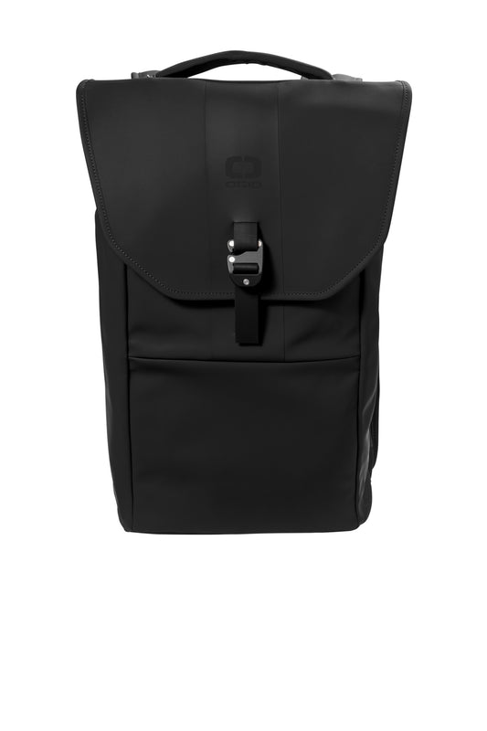 OGIO resistant rolltop backpack in black with flat front, featuring durable material and adjustable straps for versatile storage.