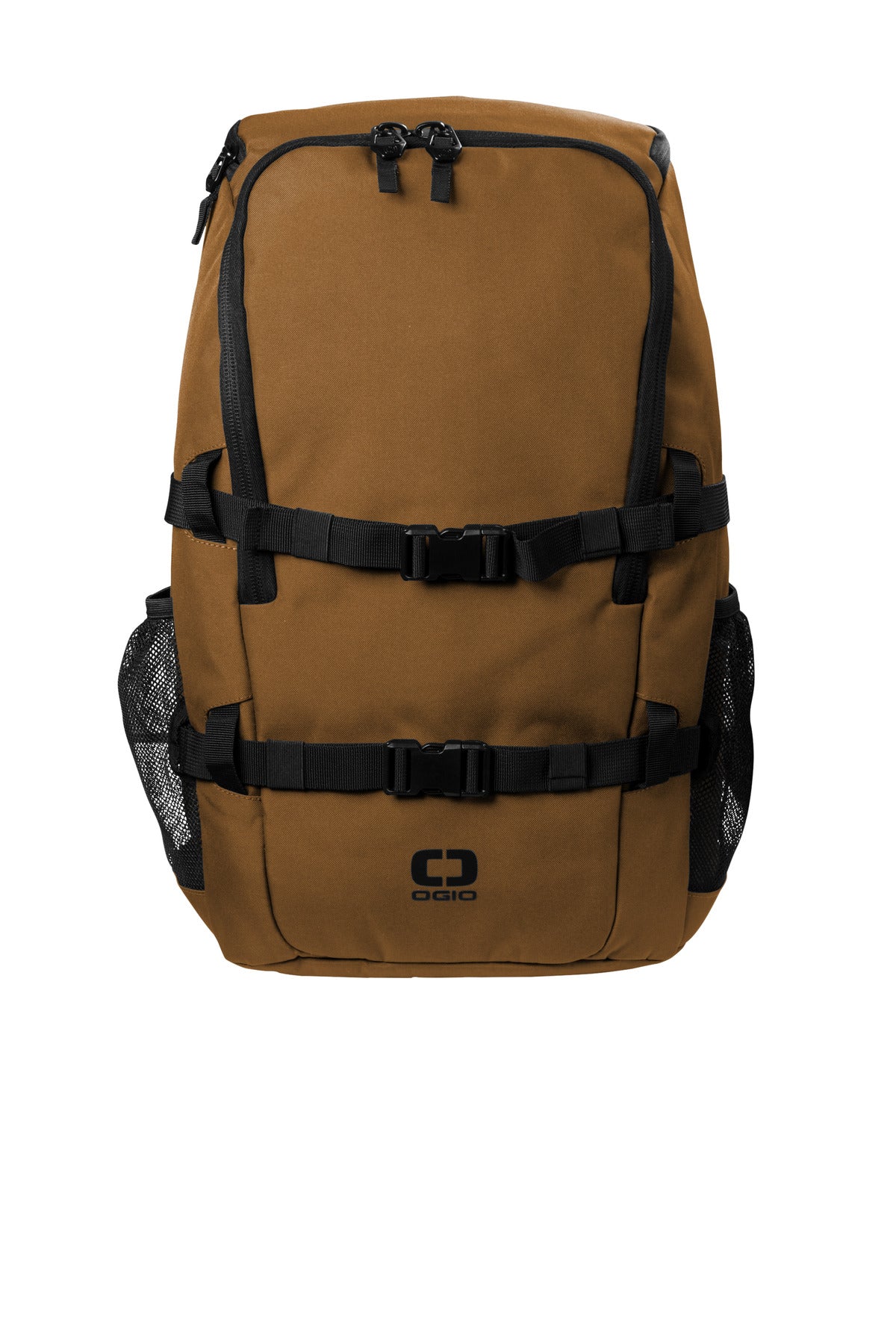 OGIO Street Pack 91016 in duck brown with flat front design, featuring multiple compartments and padded shoulder straps.