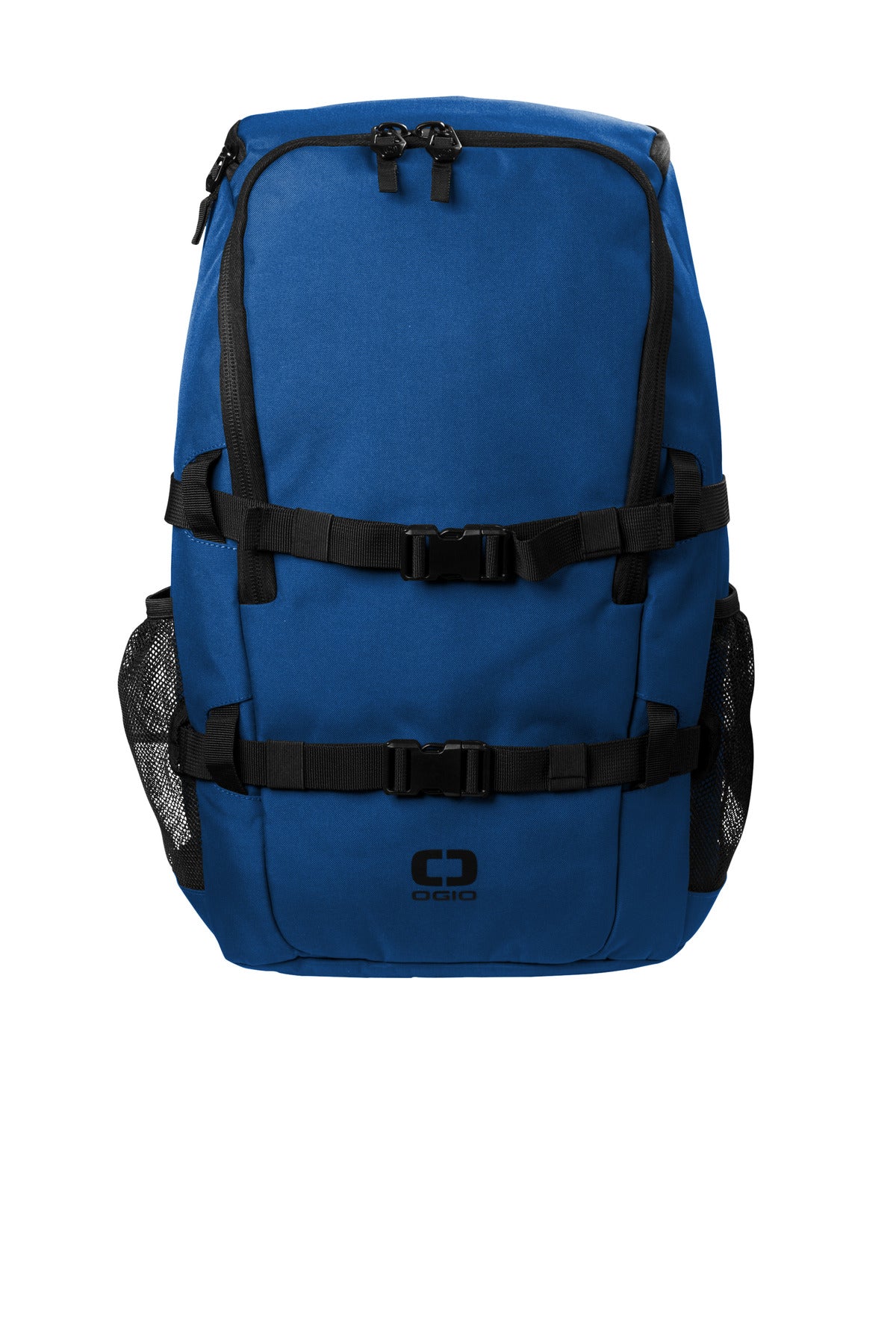 OGIO Street Pack 91016 in force blue showing front view with multiple compartments and padded shoulder straps for comfortable carrying.