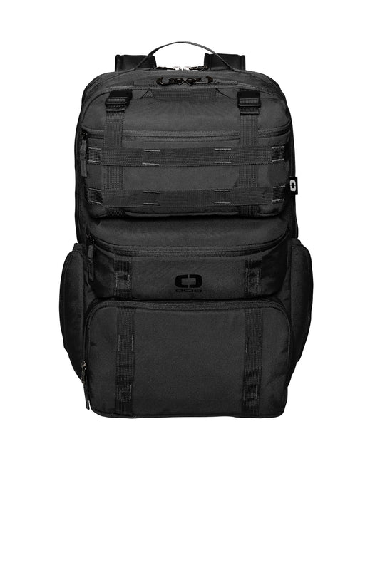 OGIO Utilitarian Modular Pack 91018 in black, showing a sleek, flat-straight view of the versatile, durable backpack design.
