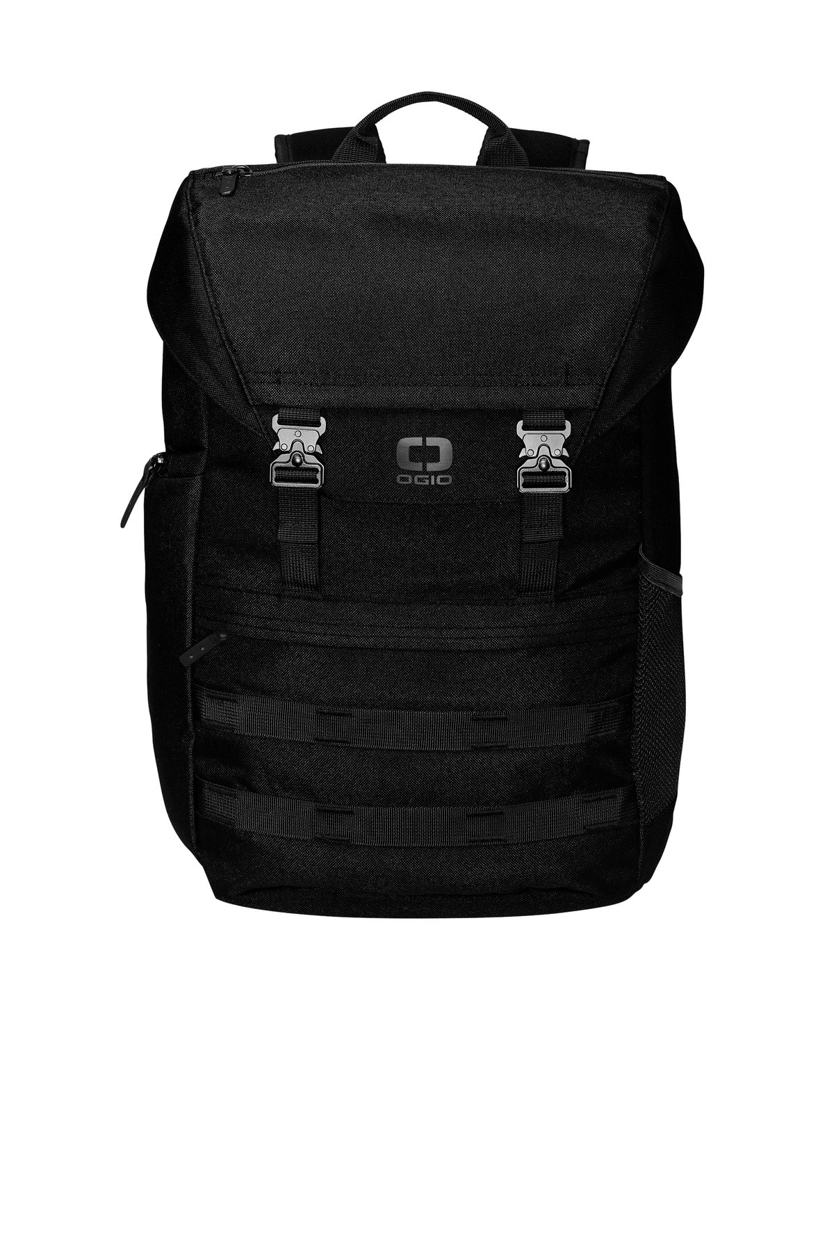 OGIO Command Pack 91019 in black with top handle and straight design, showing multiple compartments and padded shoulder straps.