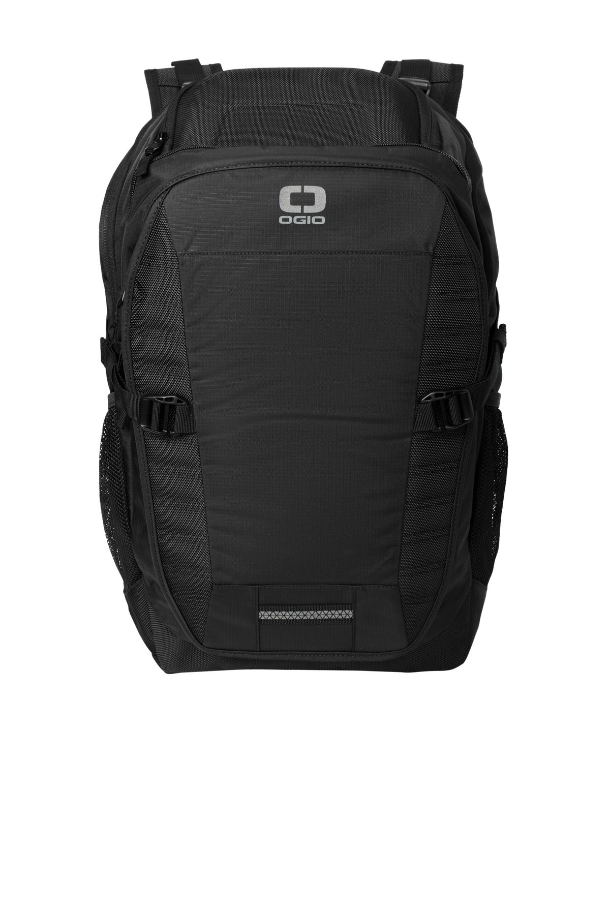 OGIO Motion X-Over Pack in black, showing a sleek, flat front design with multiple compartments and padded shoulder straps.