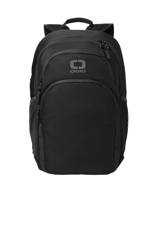 Black OGIO Forge Pack 91021 backpack with front flat pocket and padded shoulder straps for comfortable carrying.