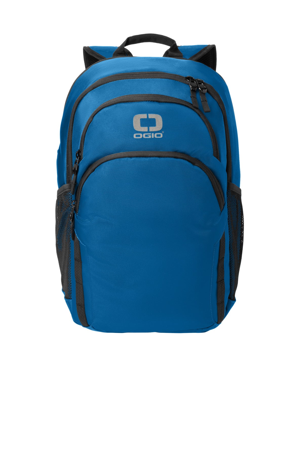 OGIO Forge Pack 91021 in bolt blue color, front view showing multiple compartments and padded shoulder straps for comfortable carry.