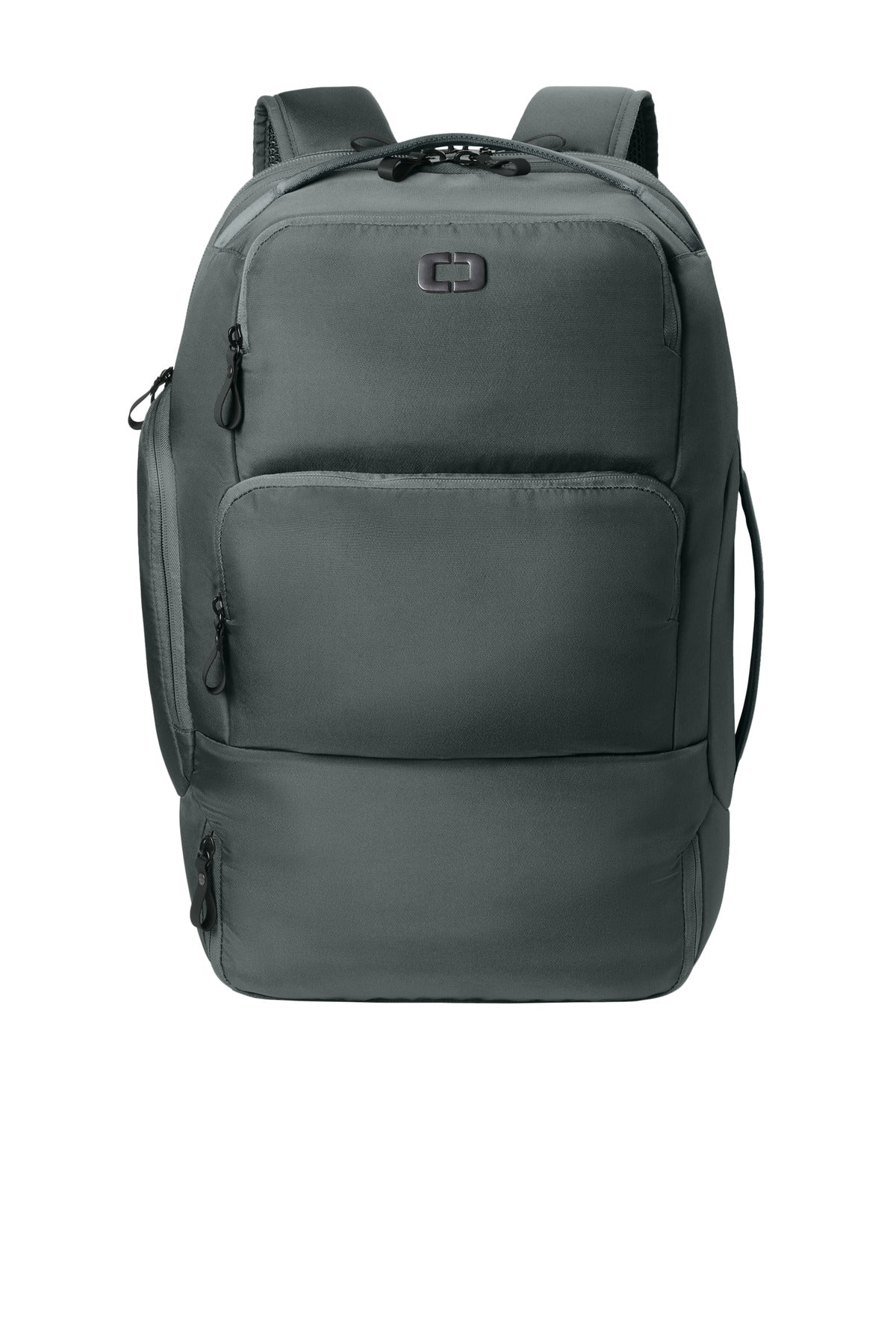 OGIO Ultimate Travel Pack 91023 in storm grey with multiple compartments and padded shoulder straps, front view of the travel bag.