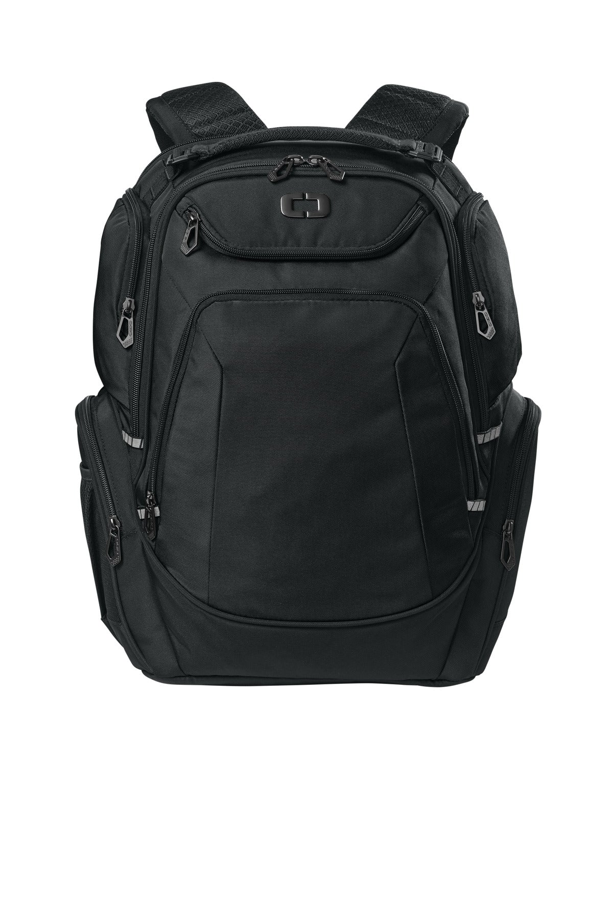 OGIO Kinetic Pack 91030 in black with multiple compartments, front view showcasing its sleek, durable design for travel and daily use.