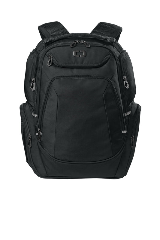 OGIO Kinetic Pack 91030 in black with multiple compartments, front view showcasing its sleek, durable design for travel and daily use.