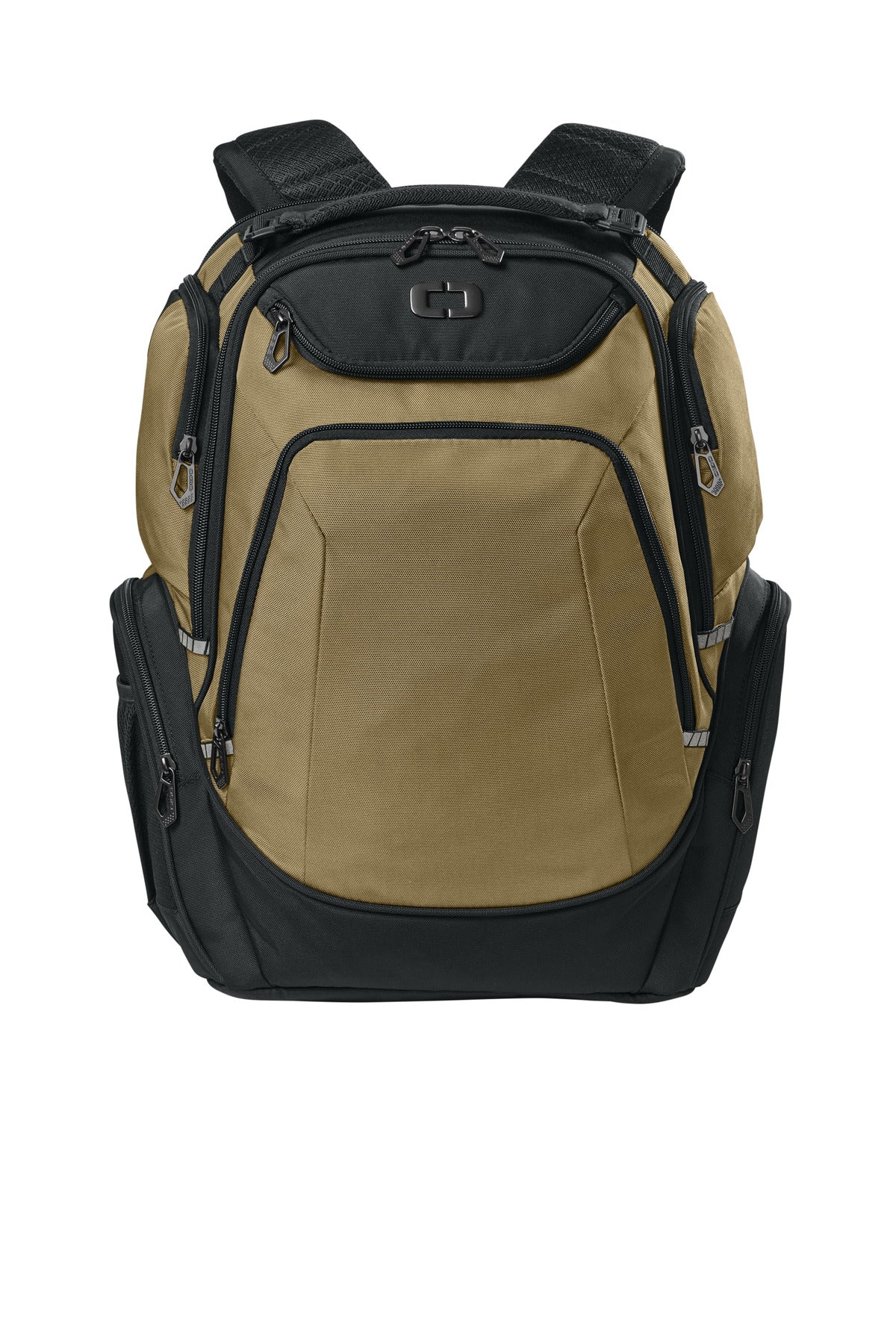 OGIO Kinetic Pack 91030 in khaki, front view showing spacious main compartment and adjustable straps for travel and daily use.