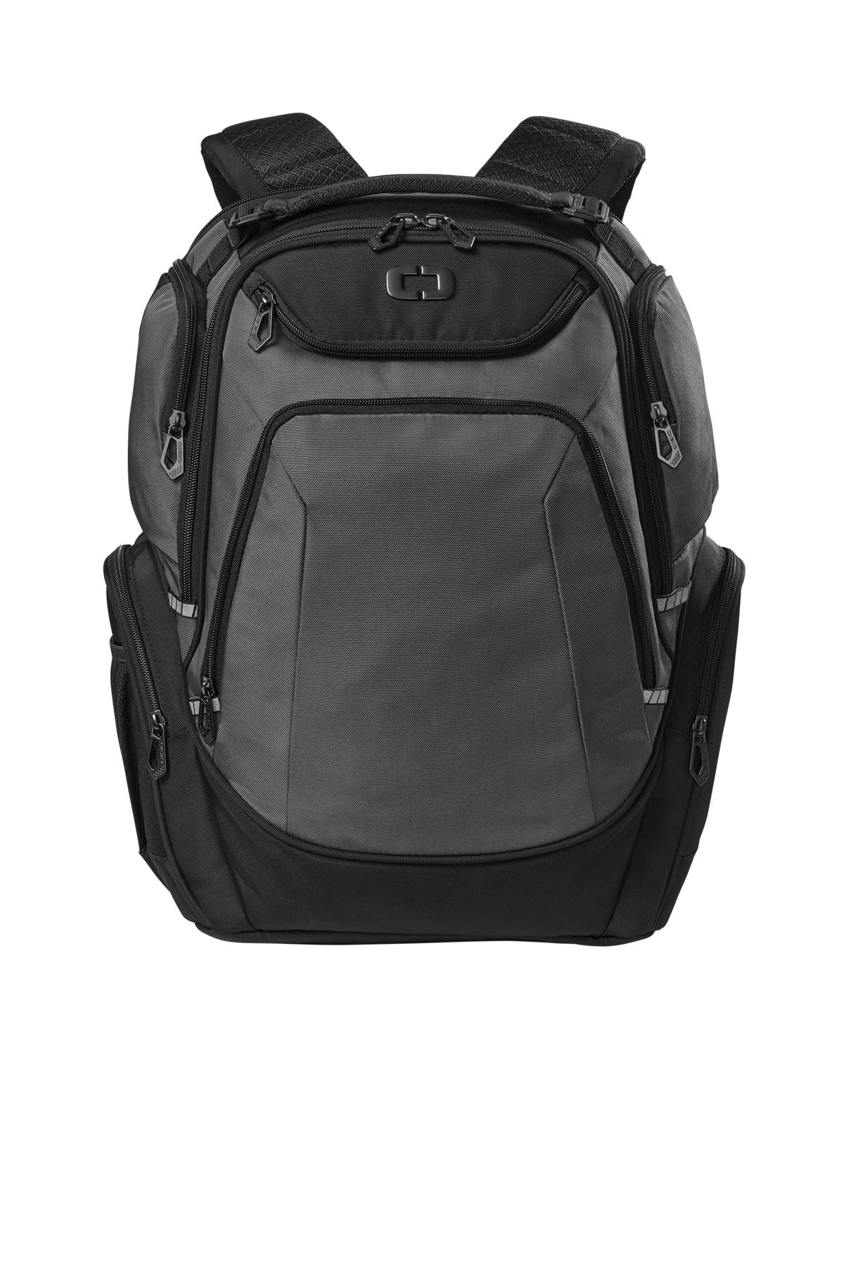 OGIO Kinetic backpack in grey with multiple compartments and padded shoulder straps, designed for travel and daily use.