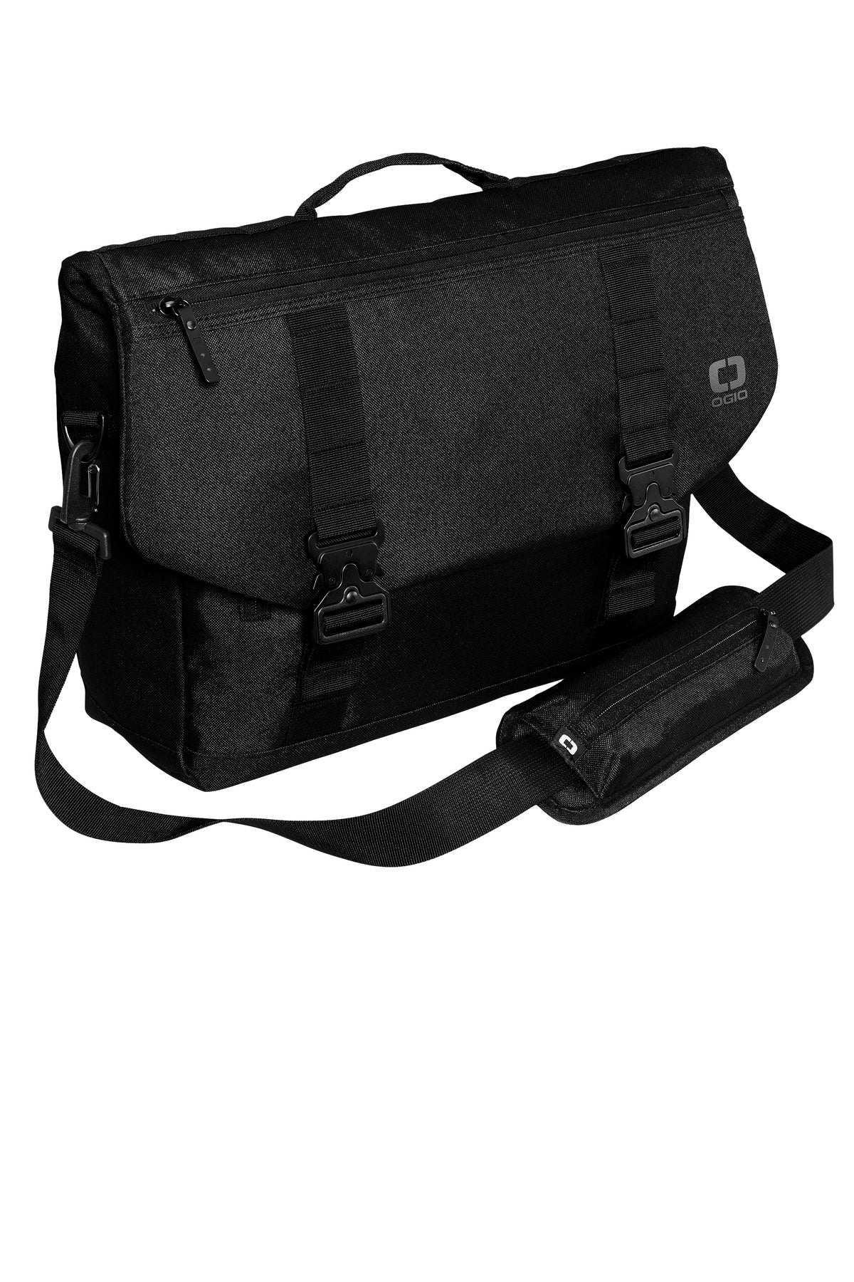 OGIO Command Messenger bag in black with a flat top, showing the right side view of the black and gray design.