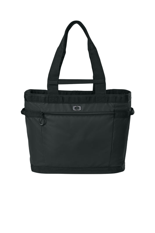 OGIO Gear Tote 94002 in black with front pocket and durable handle, designed for versatile carrying and organization.