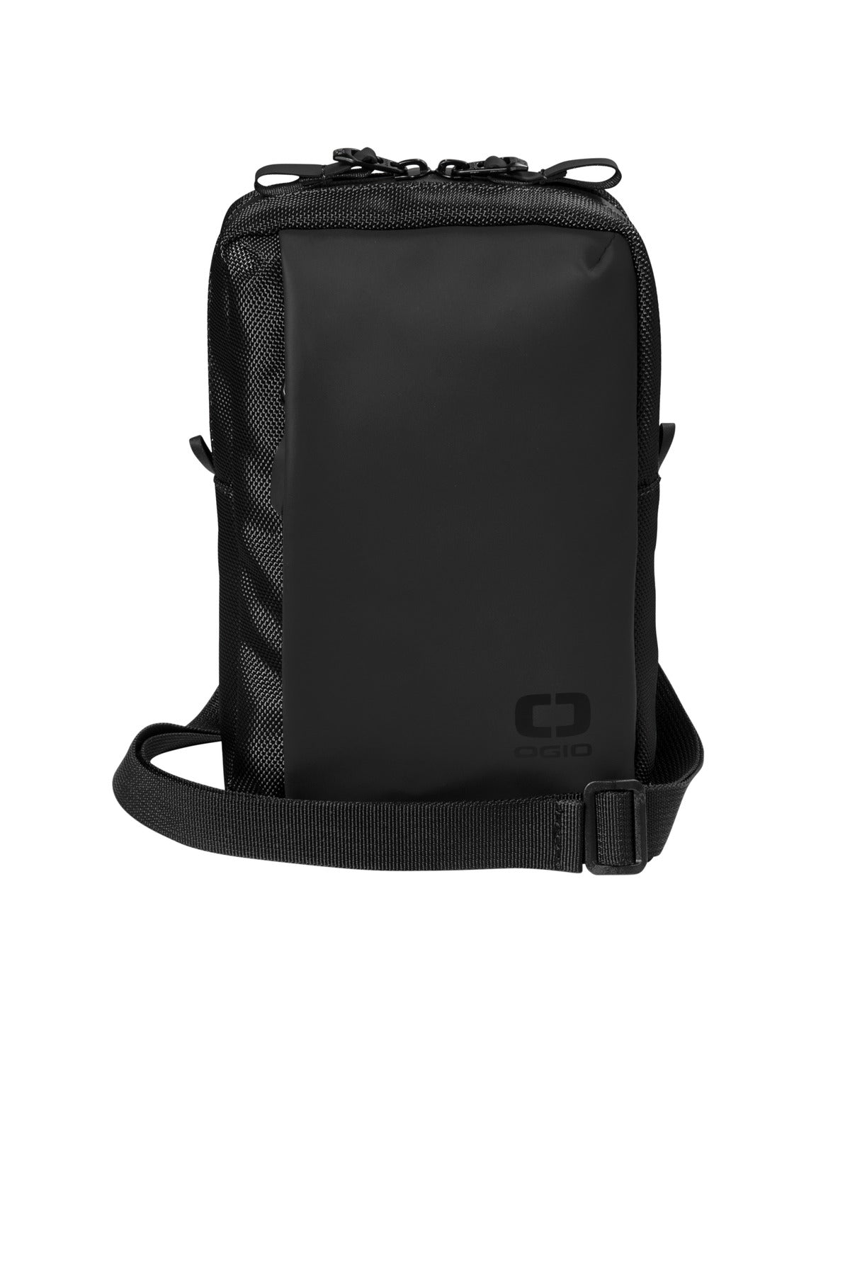 Black OGIO resistant crossbody bag with flat front design, compact and stylish for everyday use.