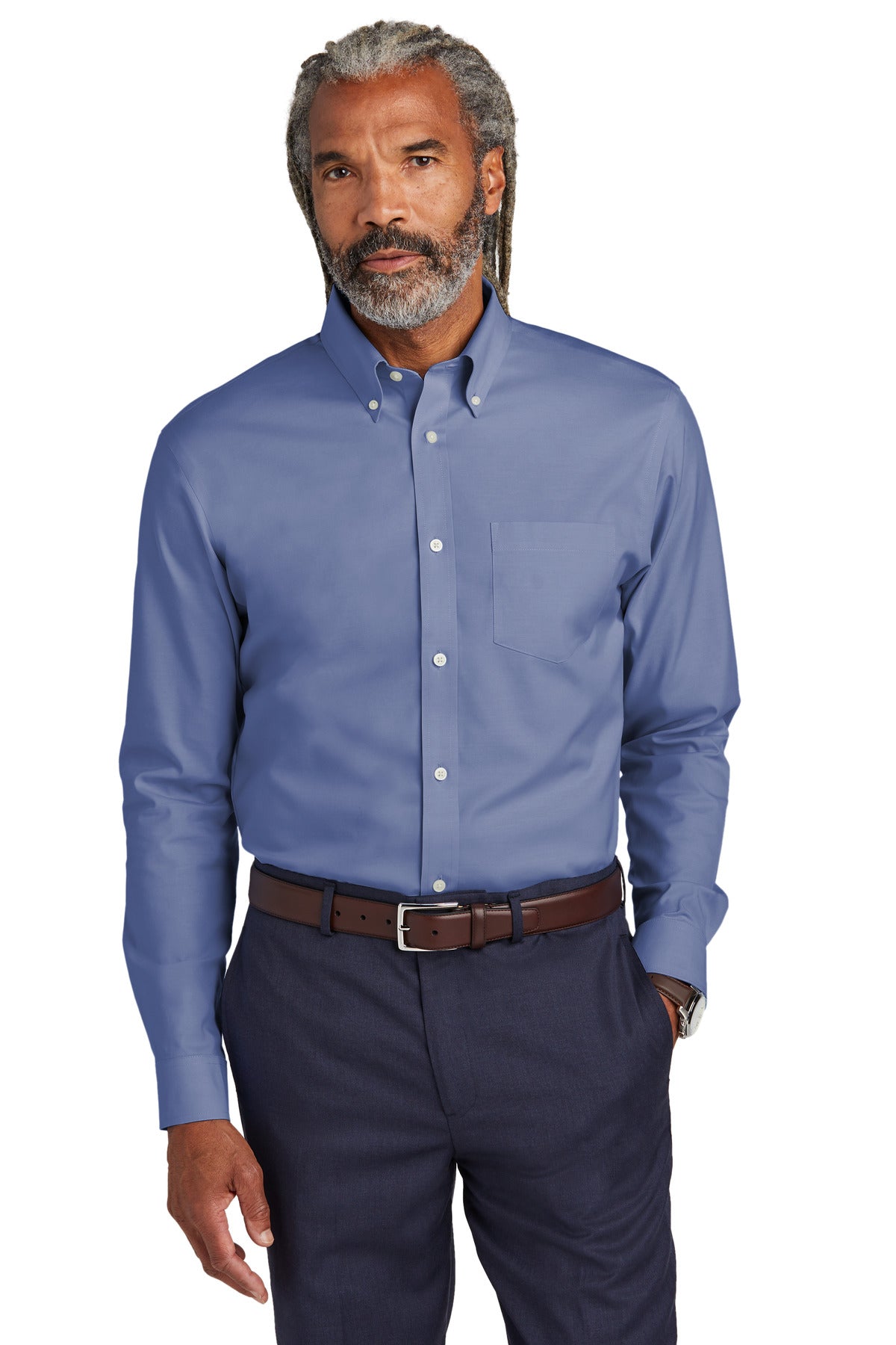 Brooks Brothers wrinkle-free stretch pinpoint shirt in cobalt blue, front view showing tailored fit and classic collar.