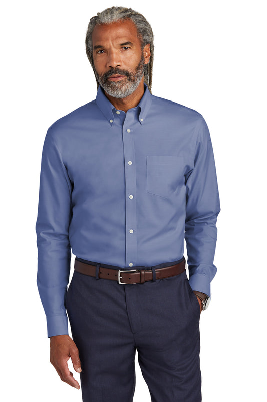 Brooks Brothers wrinkle-free stretch pinpoint shirt in cobalt blue, front view showing tailored fit and classic collar.
