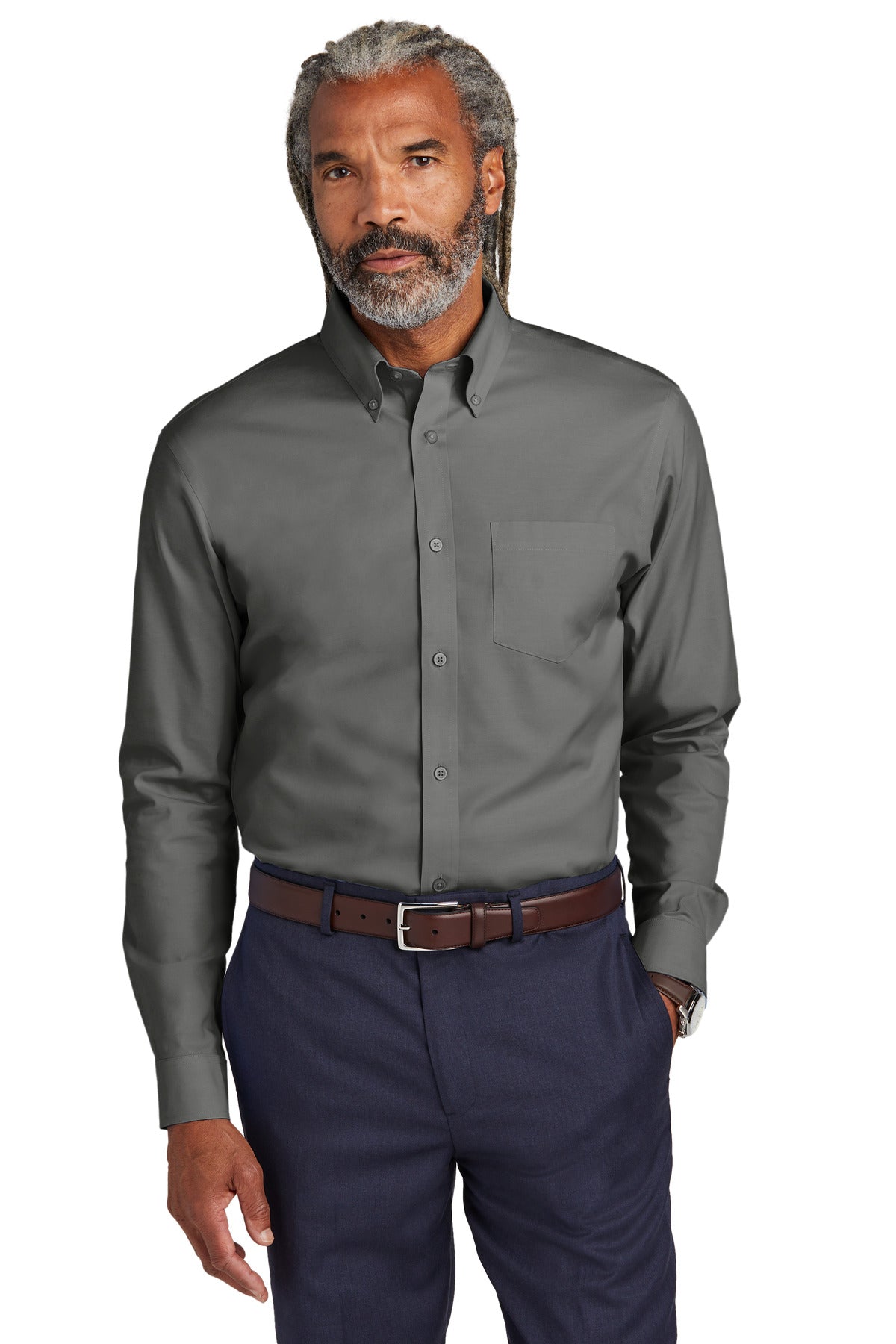 Brooks Brothers wrinkle-free stretch pinpoint shirt in deep black, front view, showcasing slim fit and crisp collar details.