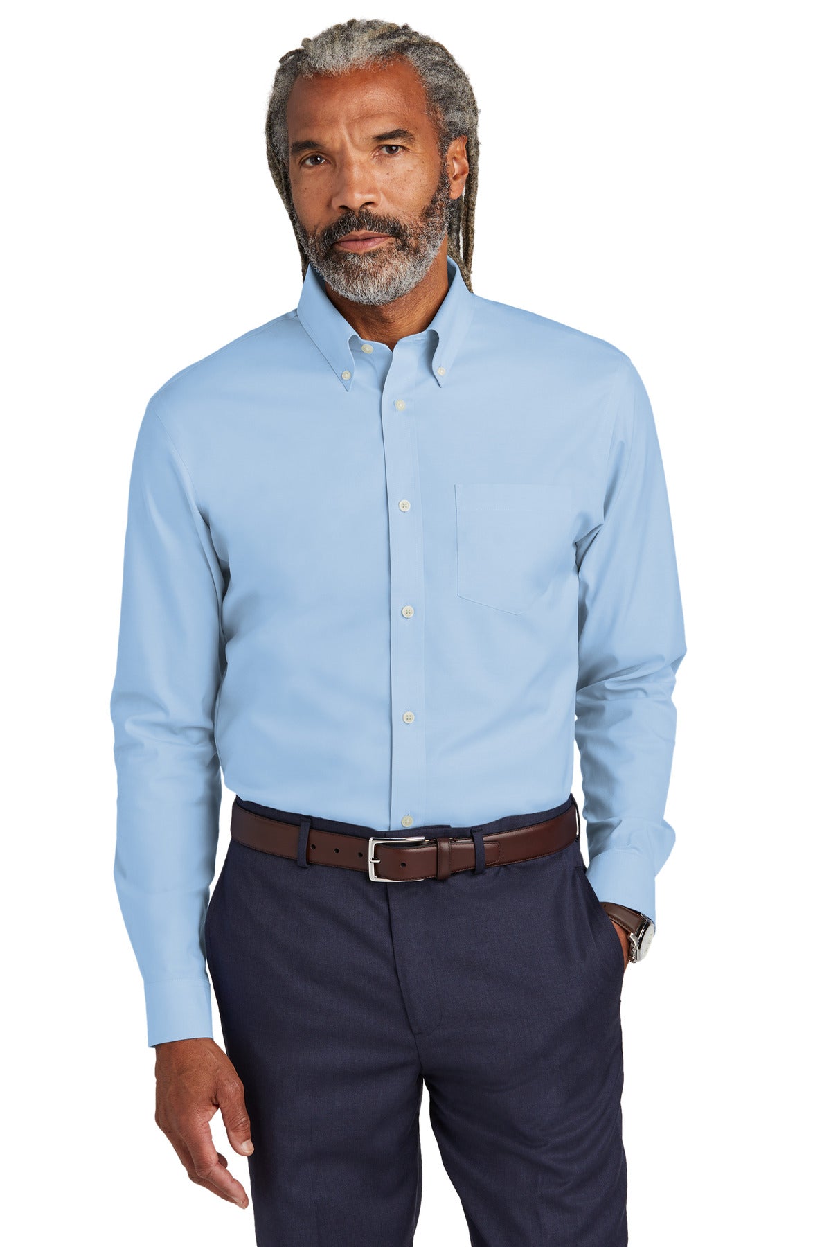 Brooks Brothers wrinkle-free stretch pinpoint shirt in Newport Blue, front view showing tailored collar and button-down design.