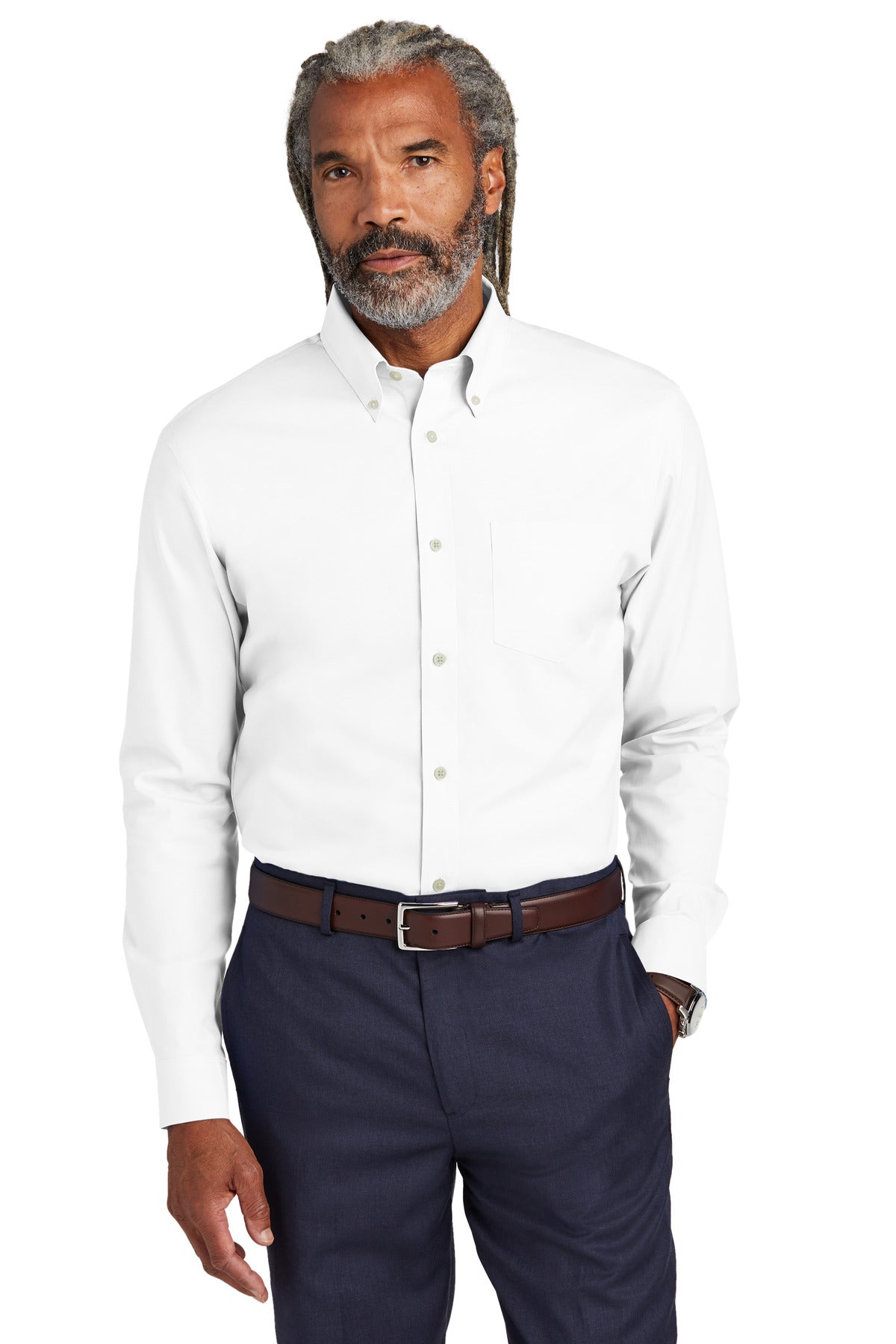 White Brooks Brothers wrinkle-free stretch pinpoint shirt, front view on model, showcasing tailored fit and crisp collar.