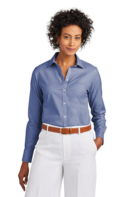 Brooks Brothers women's wrinkle-free stretch pinpoint shirt in cobalt blue, front view on a model.