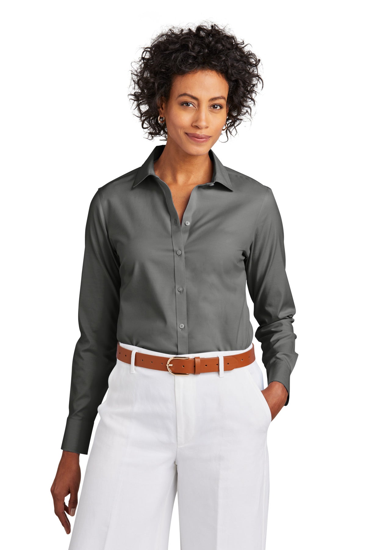 Brooks Brothers women's wrinkle-free stretch pinpoint shirt in deep black, front view showing tailored fit and crisp collar.
