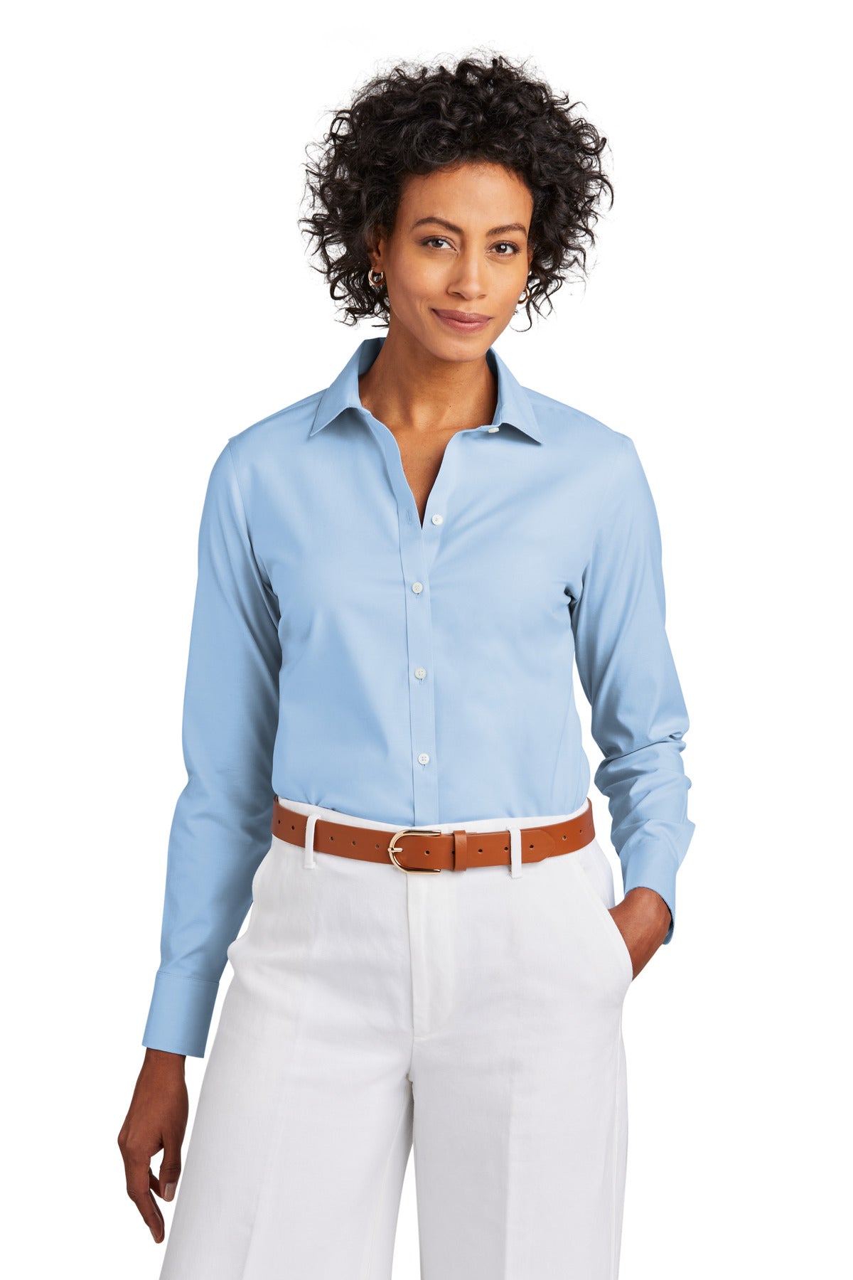 Brooks Brothers women's wrinkle-free stretch pinpoint shirt in Newport Blue, front view showing tailored fit and crisp fabric.
