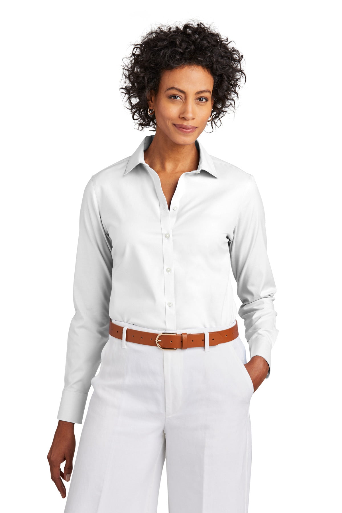 White Brooks Brothers women's wrinkle-free stretch pinpoint shirt worn by a model, showcasing front view and tailored fit.