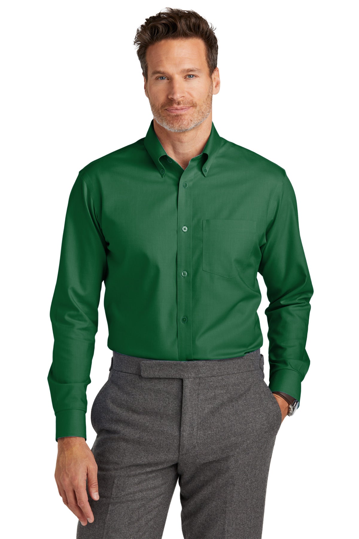 Brooks Brothers wrinkle-free stretch nailhead shirt in club green, front view showing tailored fit and classic collar.