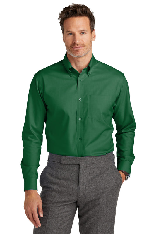 Brooks Brothers wrinkle-free stretch nailhead shirt in club green, front view showing tailored fit and classic collar.