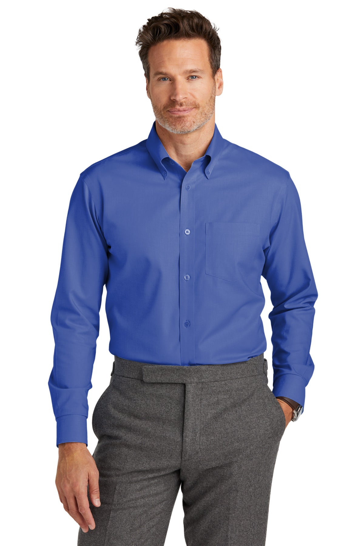 Cobalt blue Brooks Brothers wrinkle-free stretch nailhead shirt, front view on model showing tailored fit and classic collar.