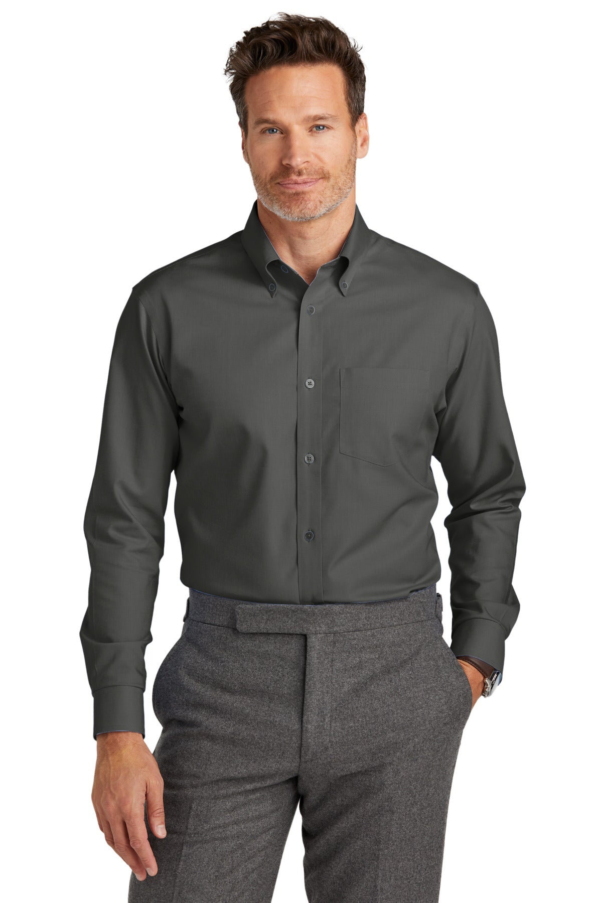 Brooks Brothers wrinkle-free stretch nailhead dress shirt in deep black, front view showing tailored fit and classic collar.