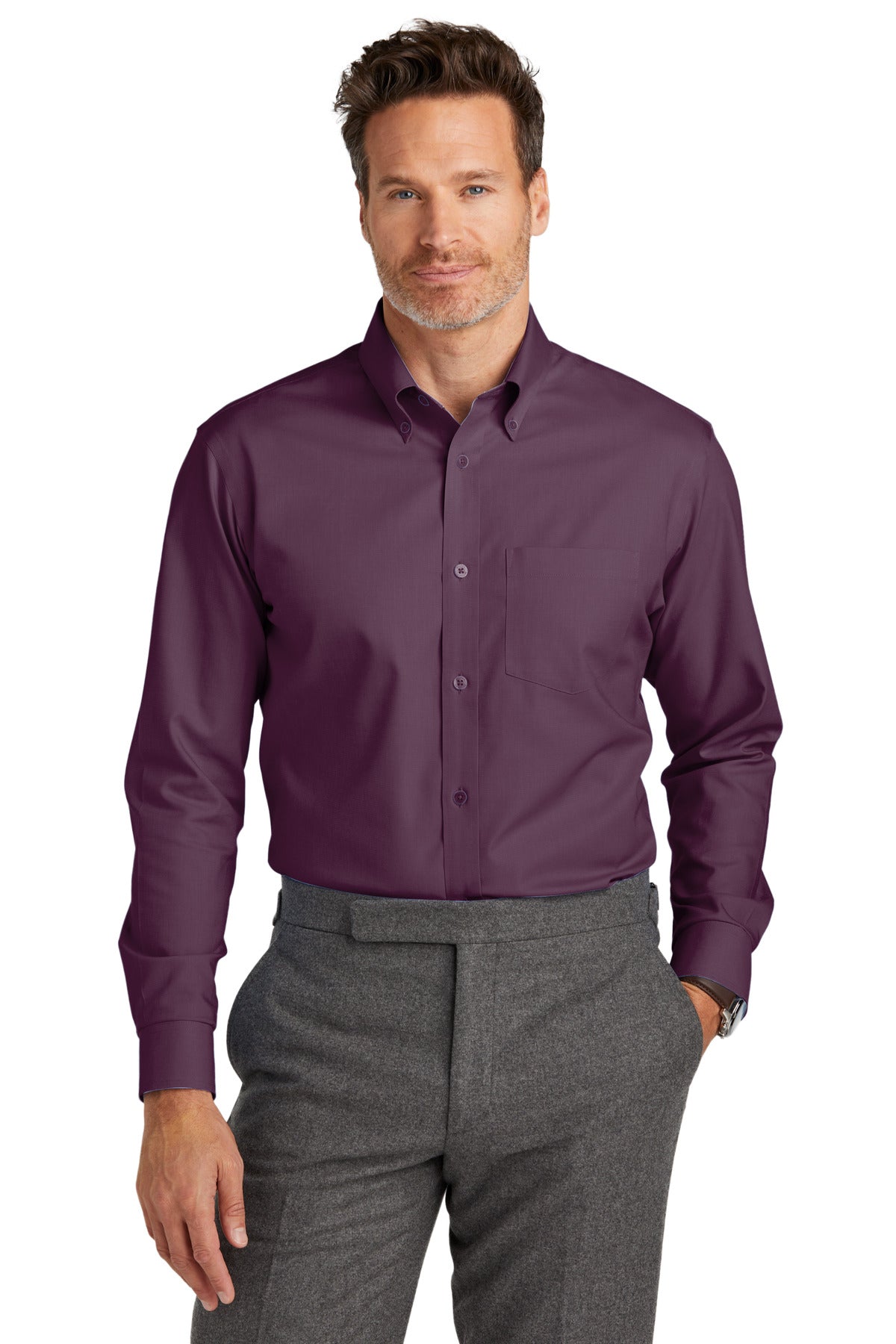 Brooks Brothers wrinkle-free stretch nailhead shirt in navy, front view showcasing classic collar and tailored fit.