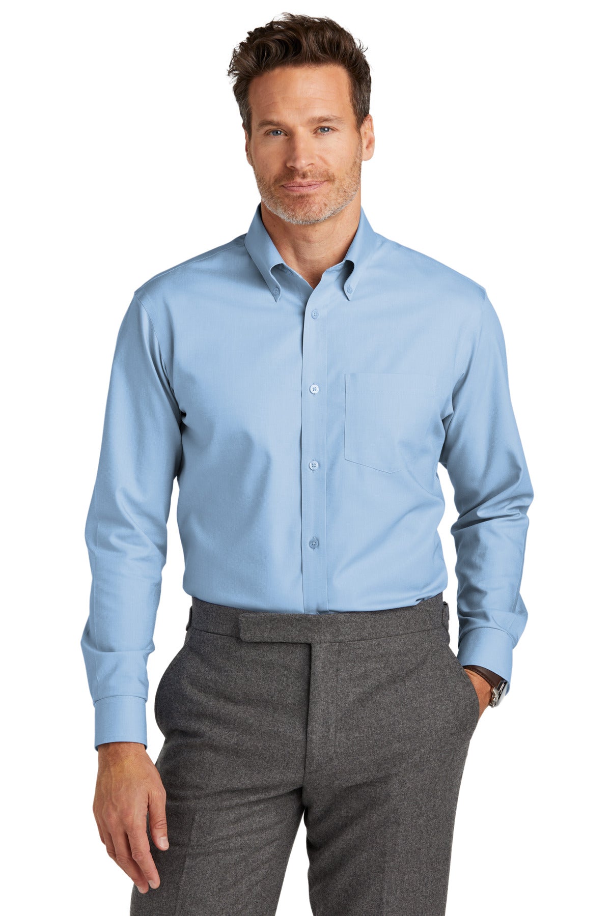 Brooks Brothers wrinkle-free stretch nailhead shirt in Newport Blue, front view showing tailored fit and classic collar.