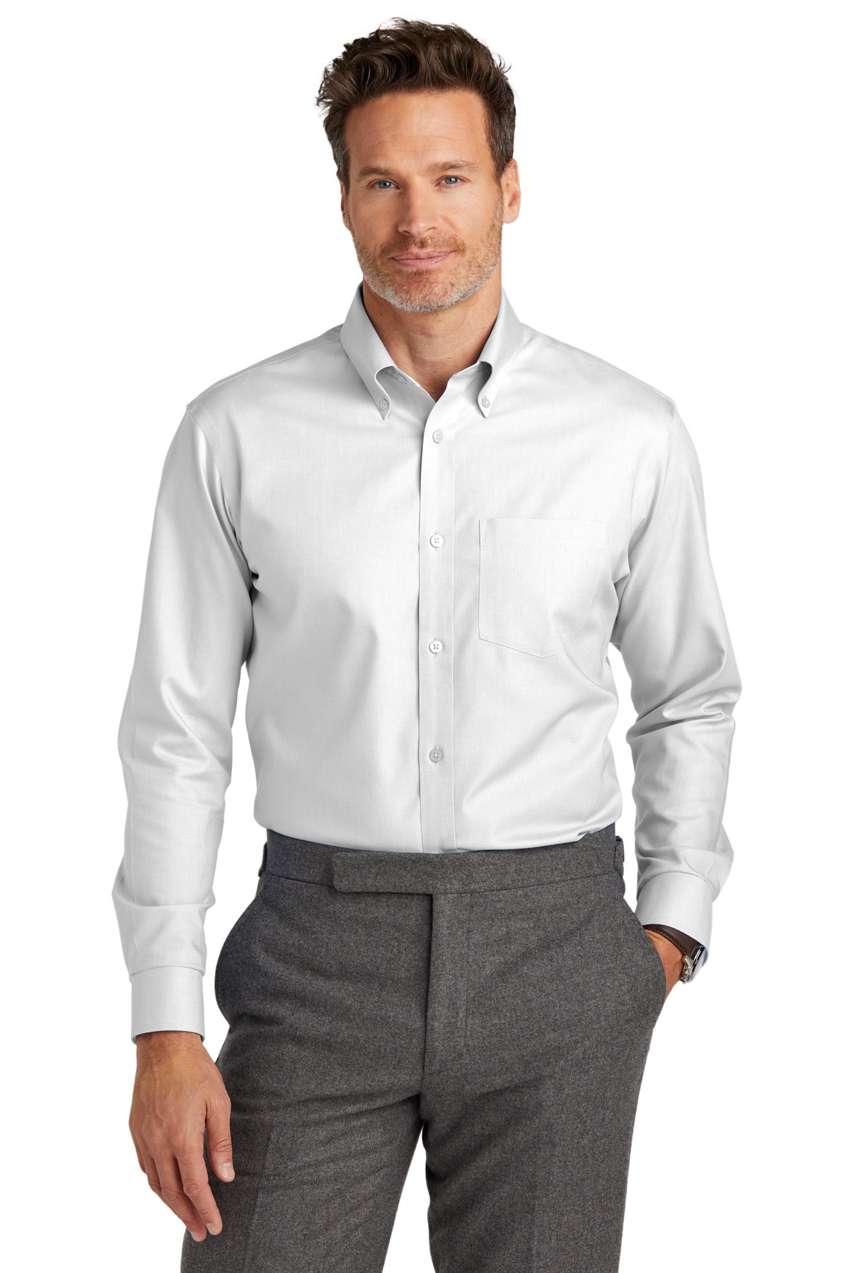 White Brooks Brothers wrinkle-free stretch nailhead shirt worn by a model, front view showcasing the tailored fit and classic design.