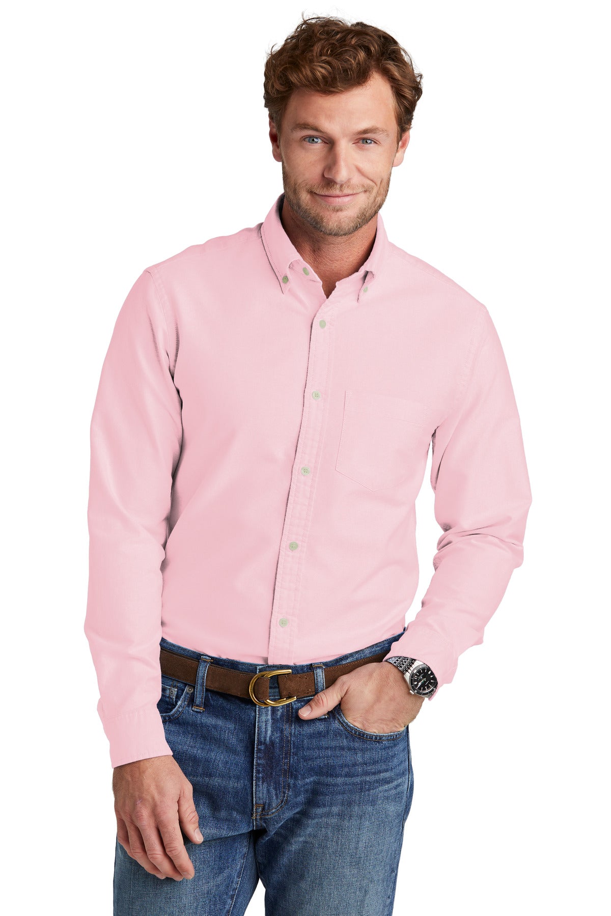 Brooks Brothers casual pink Oxford cloth shirt, model front view showcasing classic collar and button-down design.
