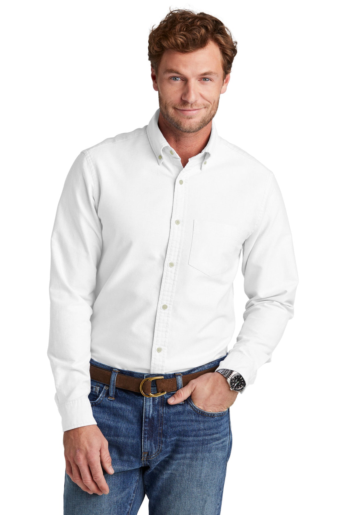 White Brooks Brothers casual Oxford cloth shirt worn by a model, front view showcasing classic button-down design.
