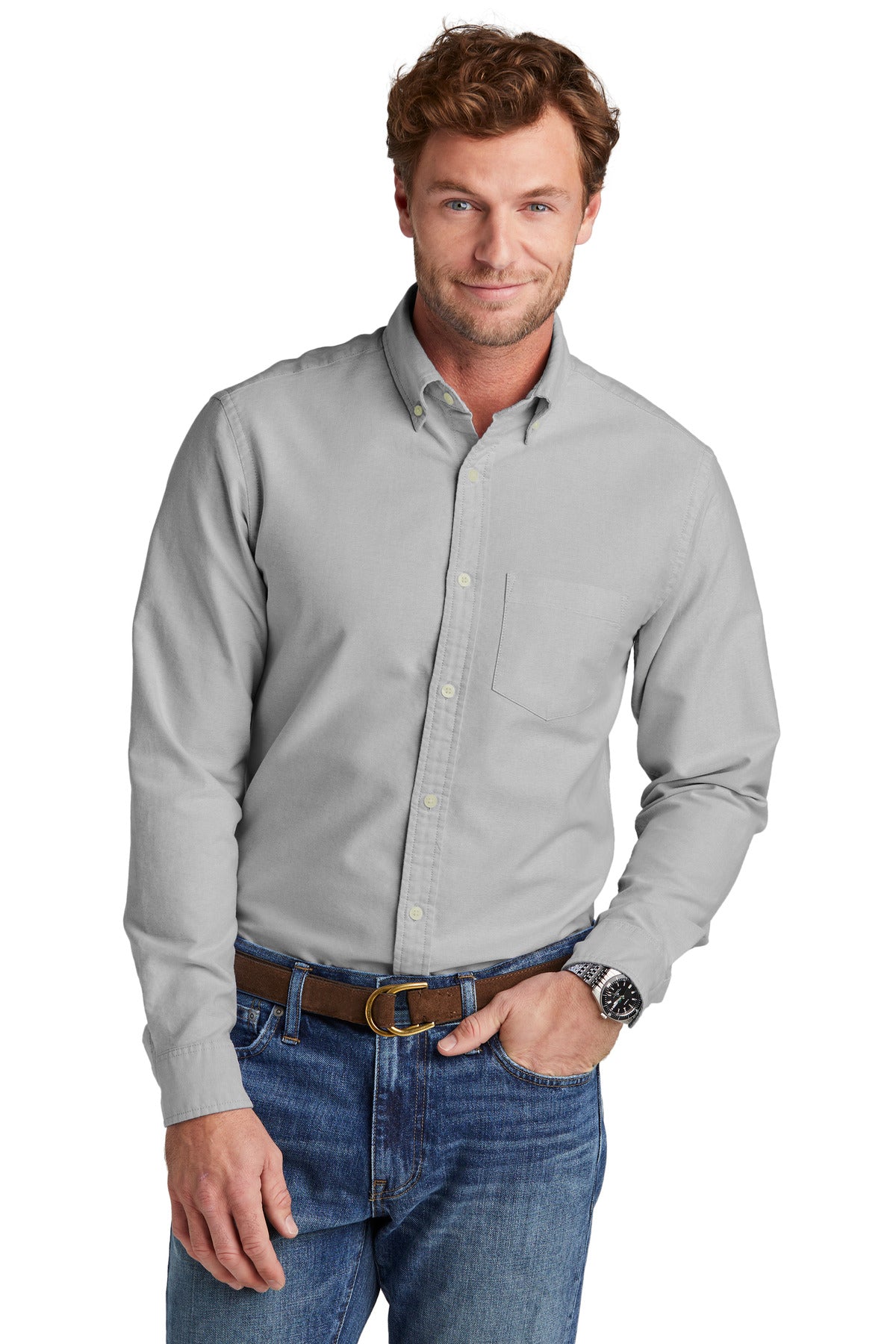 Brooks Brothers casual Oxford cloth shirt in windsor grey, front view showcasing classic collar and button-down design.
