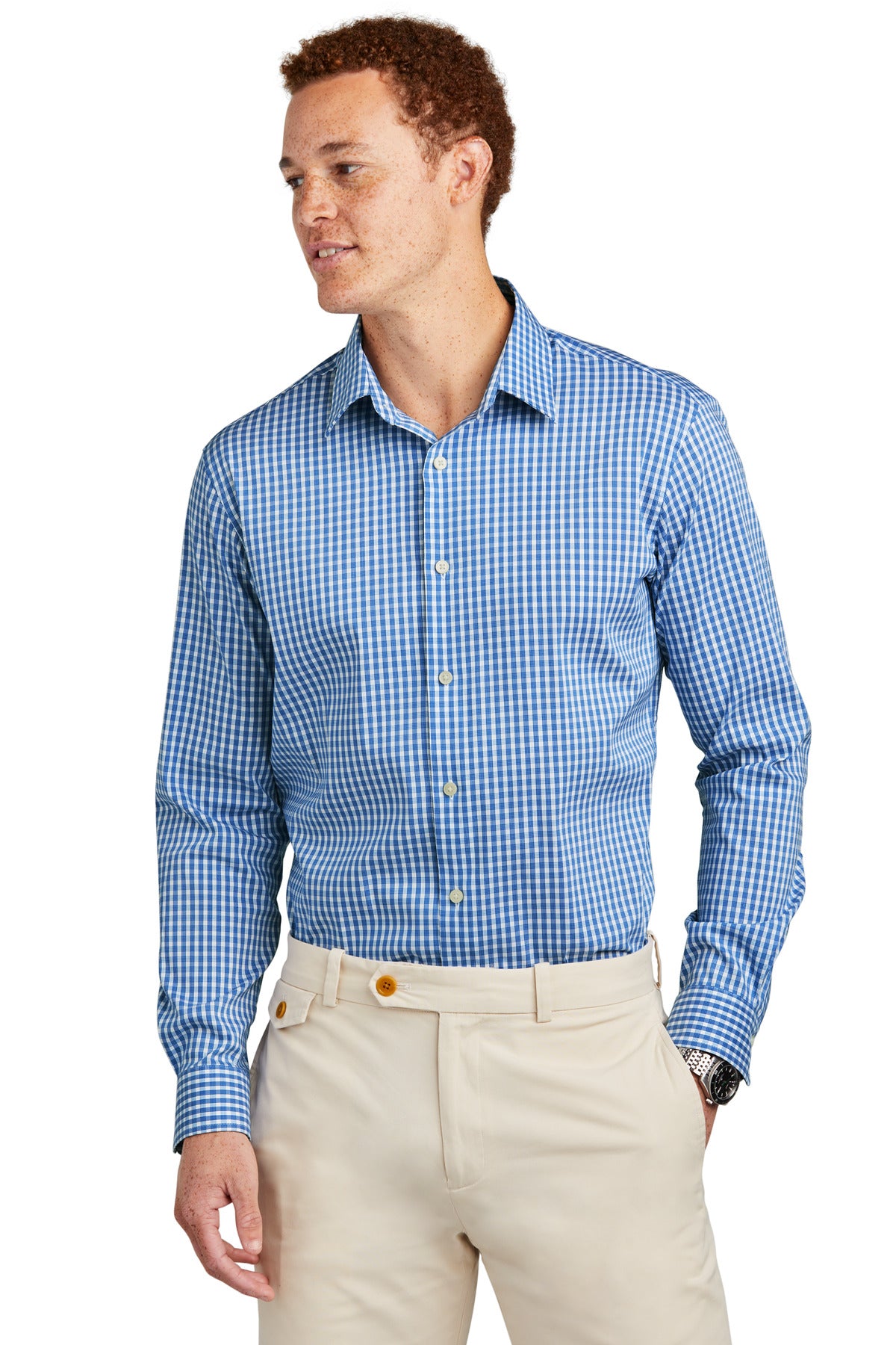 Brooks Brothers Tech Stretch Patterned Shirt in Charter Blue, front view showing the stylish checkered design and tailored fit.