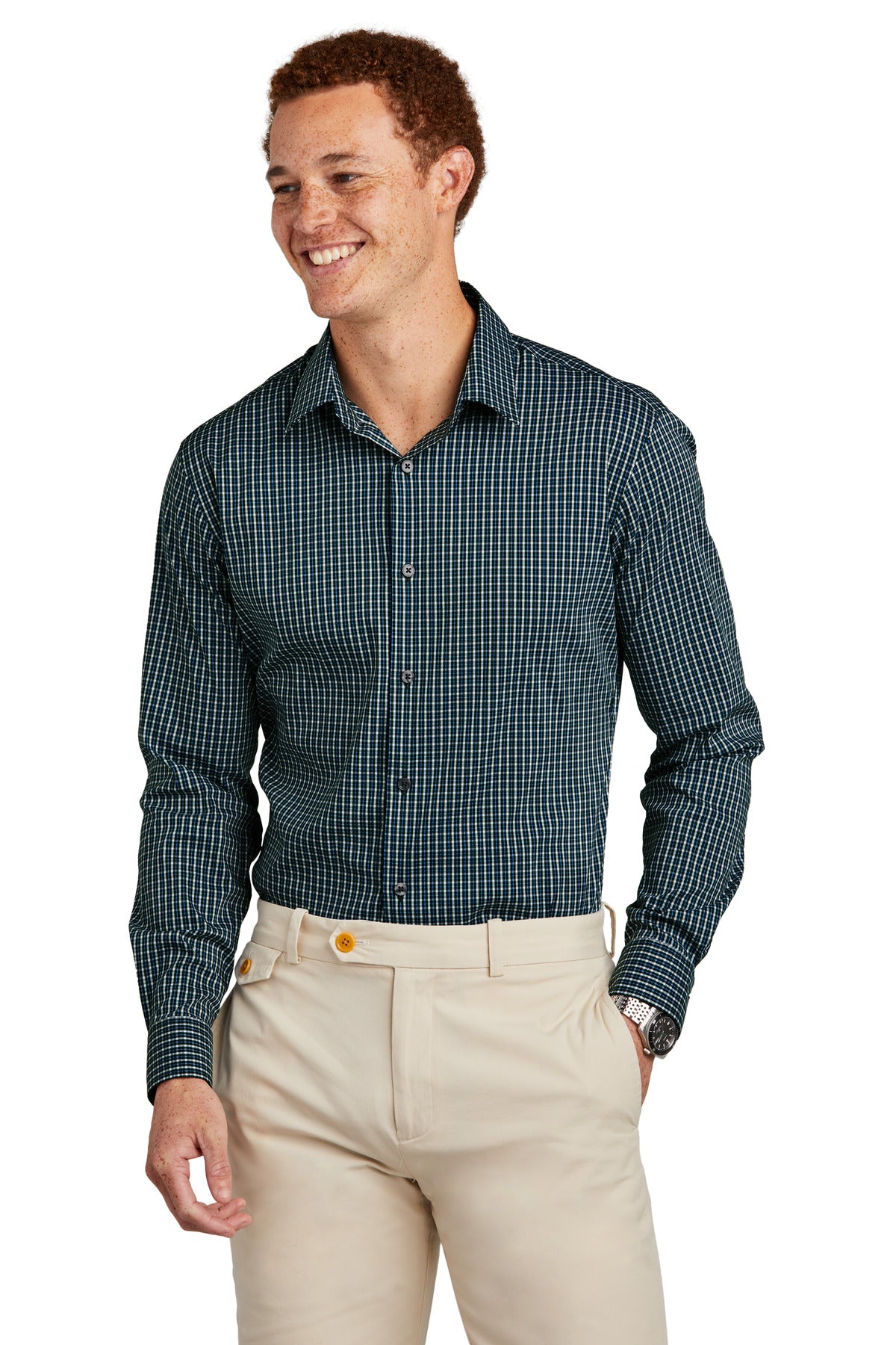 Brooks Brothers tech stretch patterned shirt in dark pine multi-check, front view showing tailored fit and detailed design.