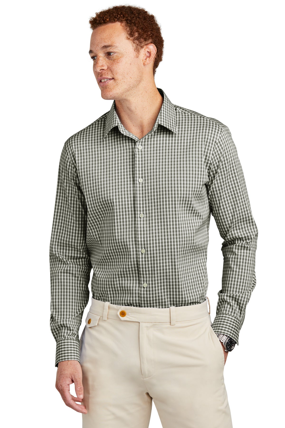 Brooks Brothers Tech Stretch Patterned Shirt in deep black check, front view showing tailored fit and stylish design.
