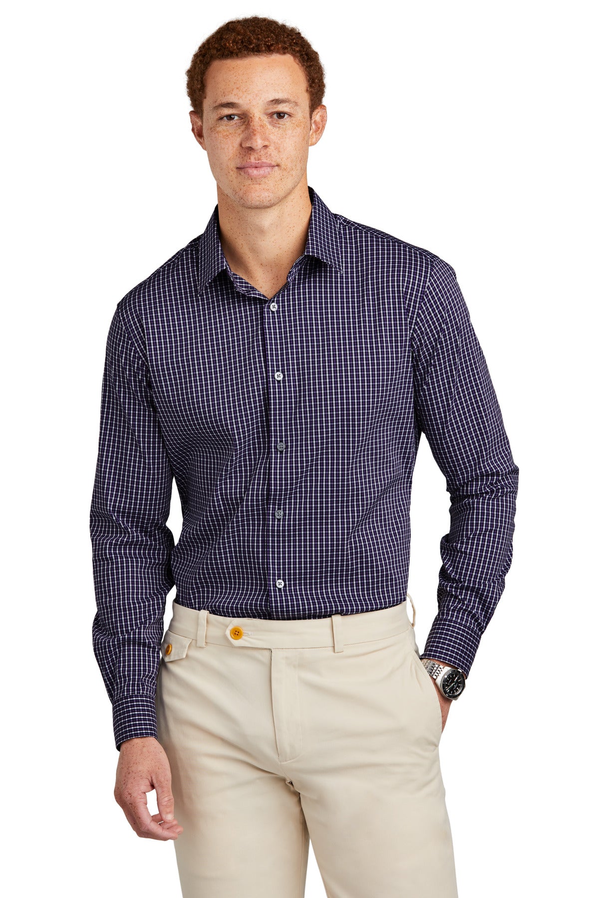 Brooks Brothers Tech Stretch Patterned Shirt in navy with multicolor check design, front view showing tailored fit and fabric details.