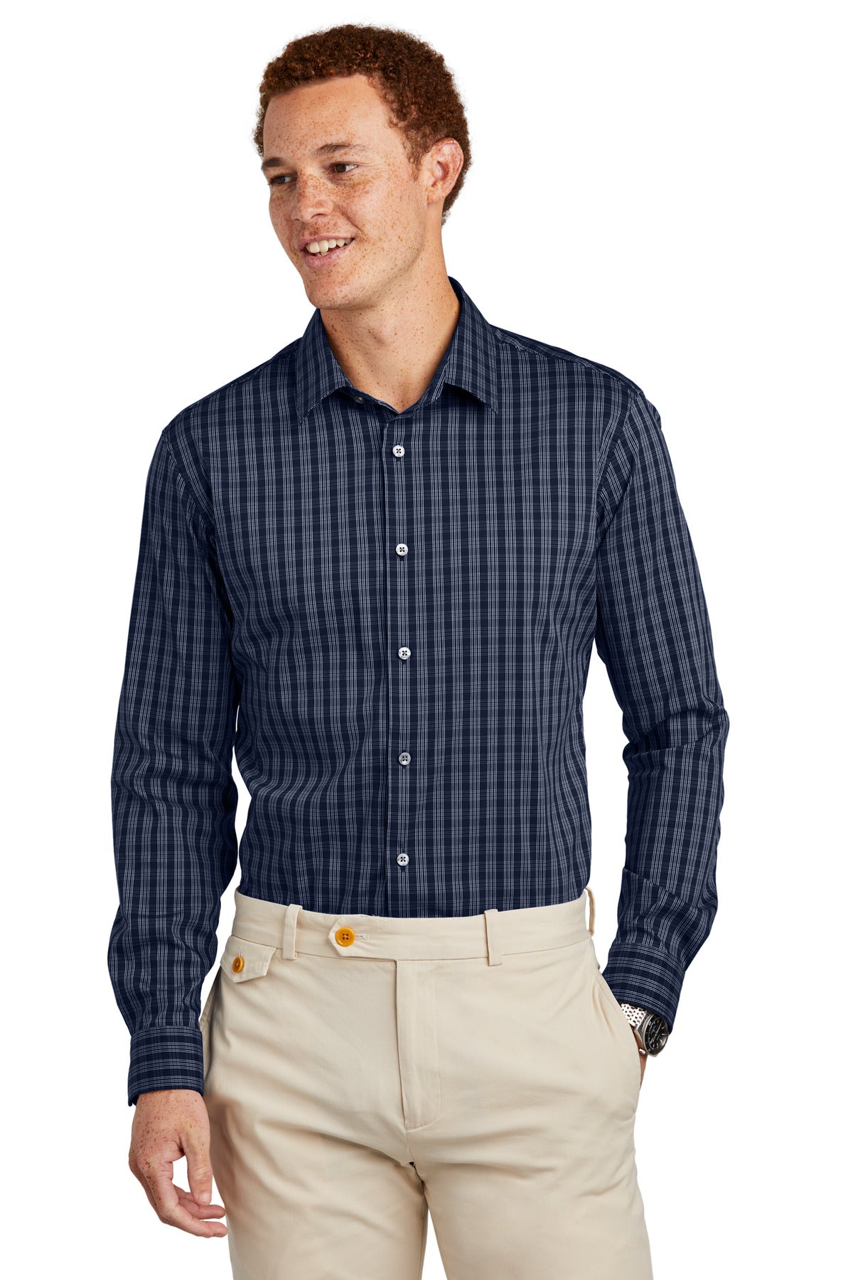 Brooks Brothers Tech Stretch patterned shirt in navy with white grid check, shown from the front.
