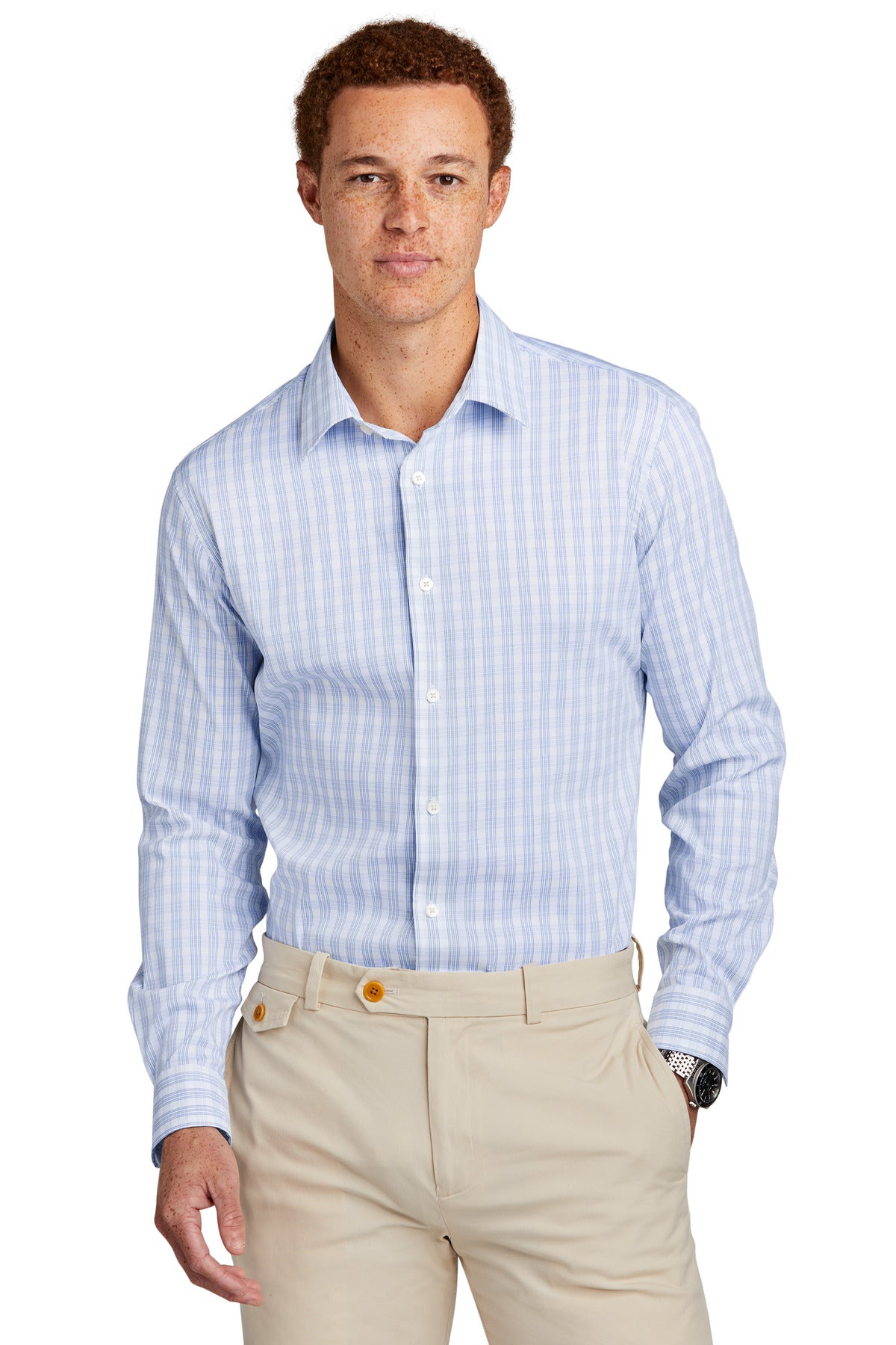 Brooks Brothers Tech Stretch Patterned Shirt with white Newport grid check design, front view showing tailored fit and button details.