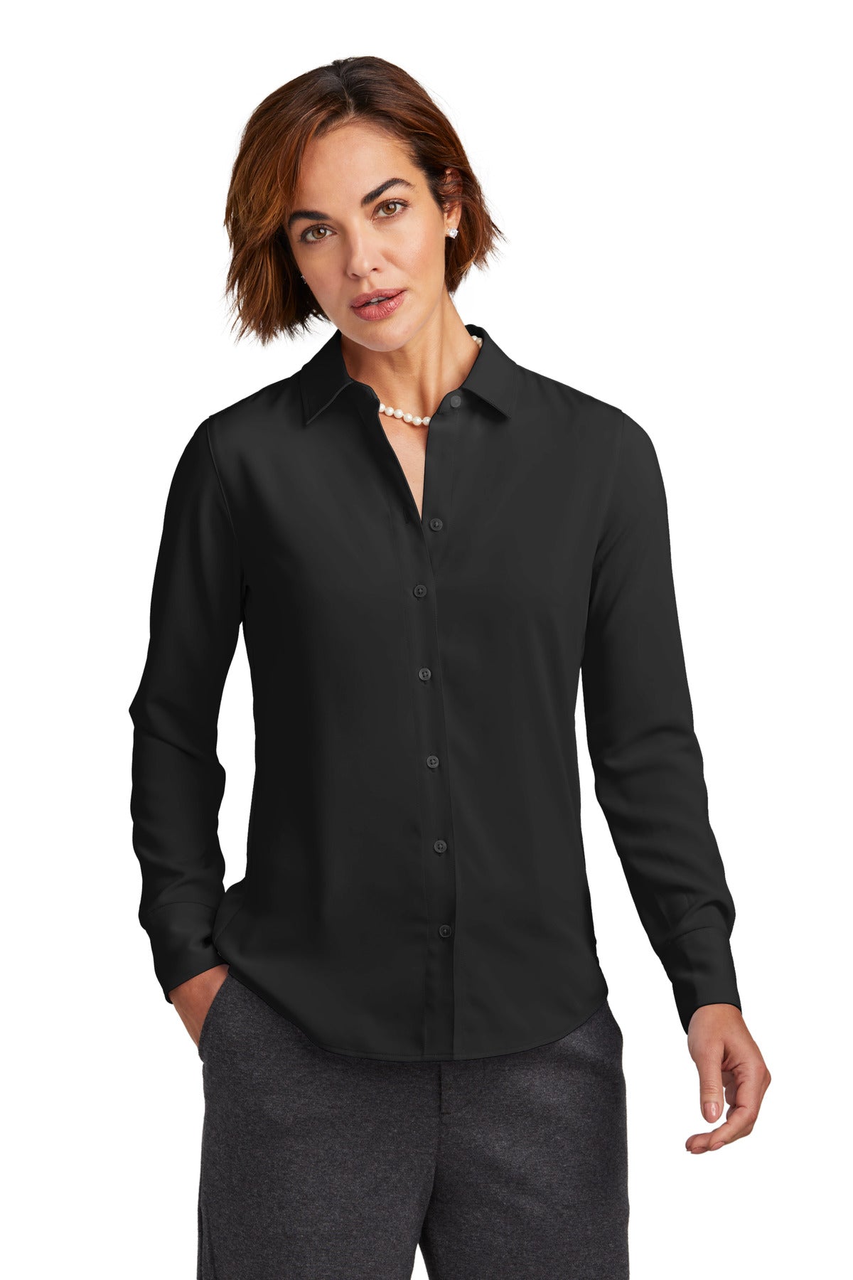 Brooks Brothers women's satin blouse with full button front in deep black, modeled on a mannequin, front view.
