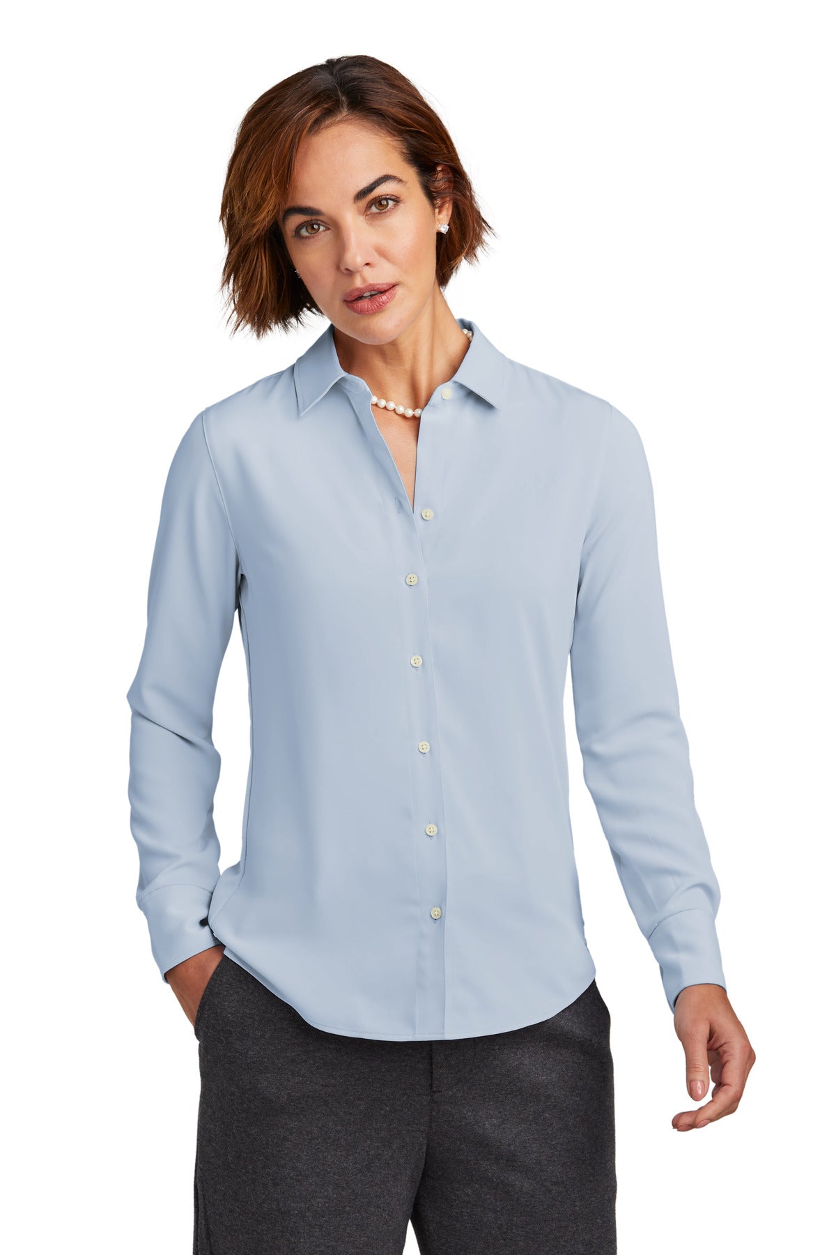 Brooks Brothers women's satin blouse with full button front in heritage blue, featuring a classic collar and long sleeves.
