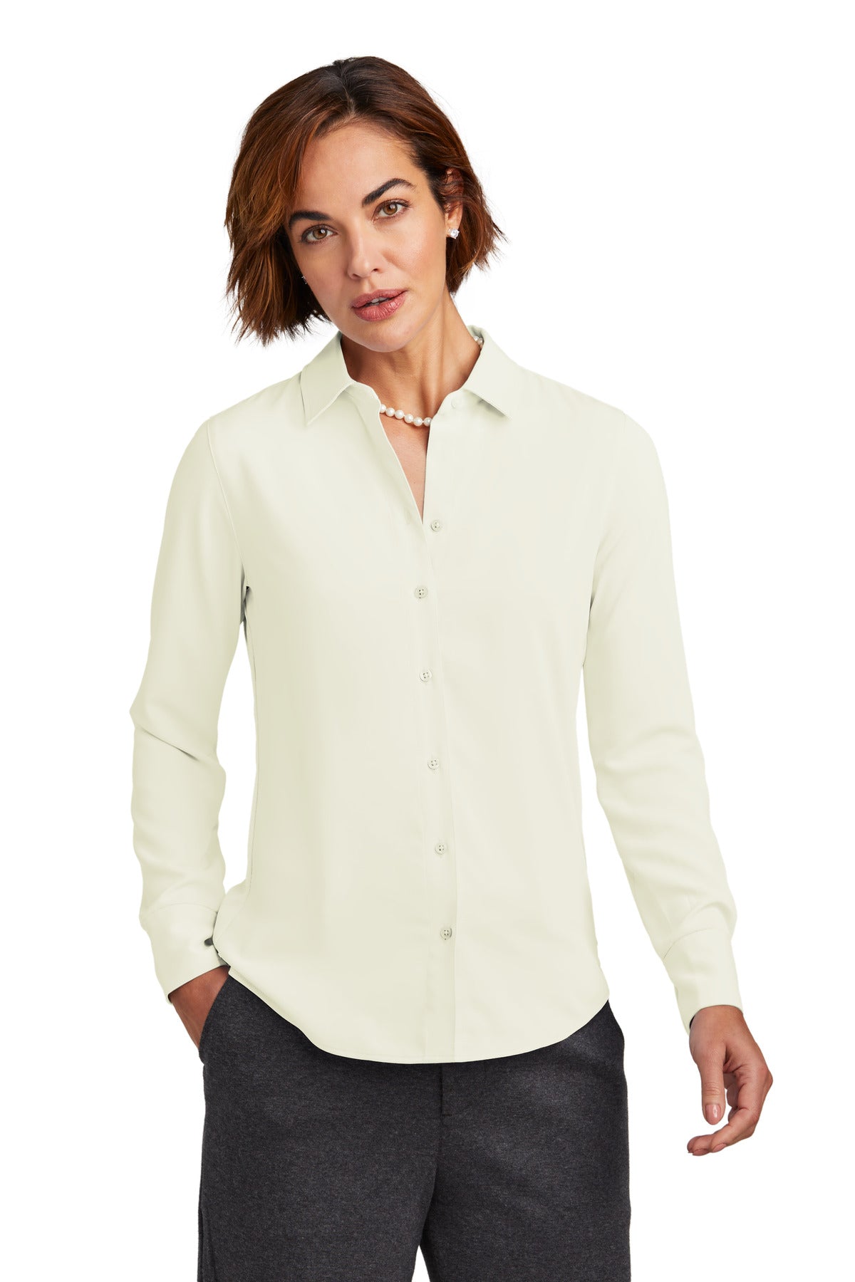 Off-white women's full-button satin blouse by Brooks Brothers, shown front view on model. Elegant and smooth fabric.