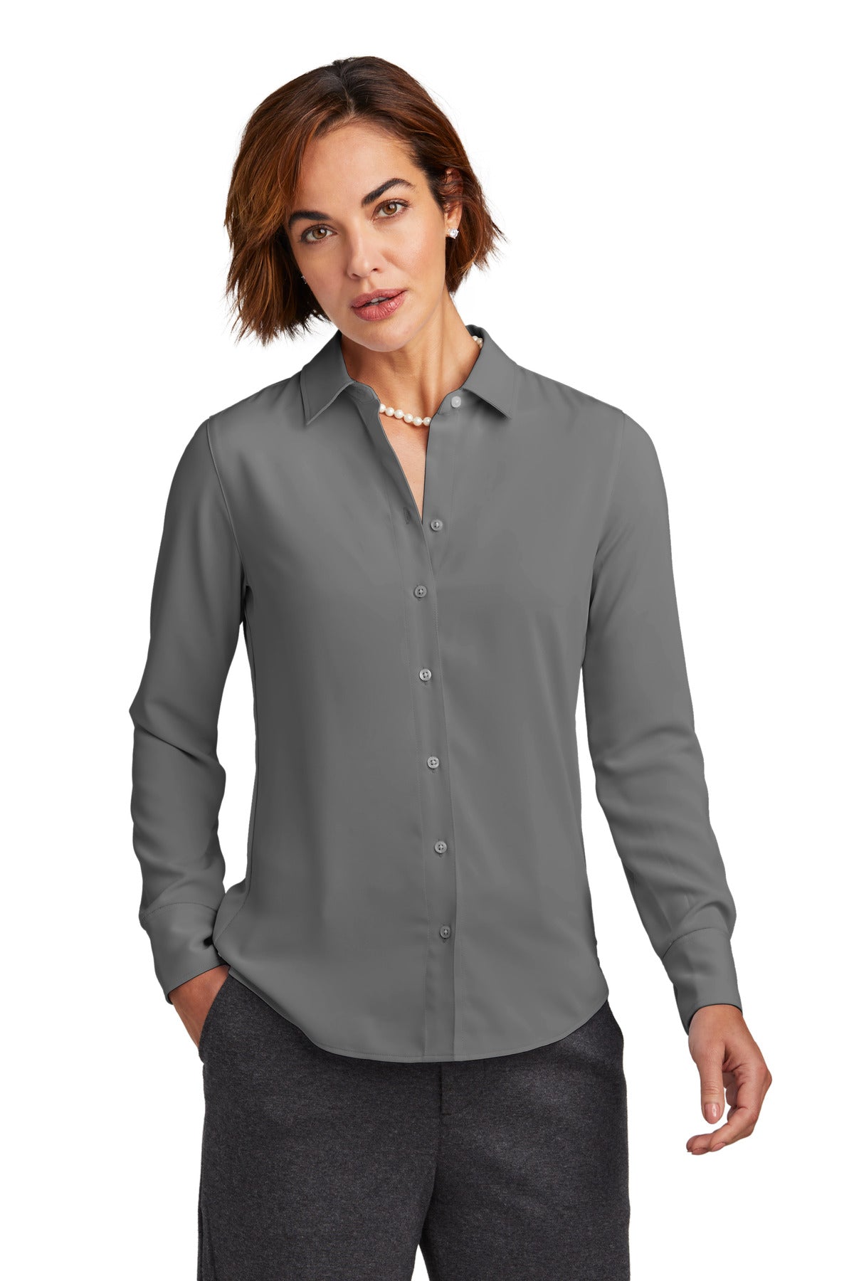 Brooks Brothers women's satin blouse with full button front in shadow grey, shown on a model from the front.